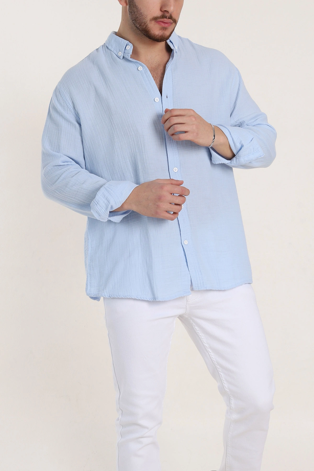 Buz Mavisi Relaxed Fit Müslin Keten Ata Yaka Erkek Gömlek 339150