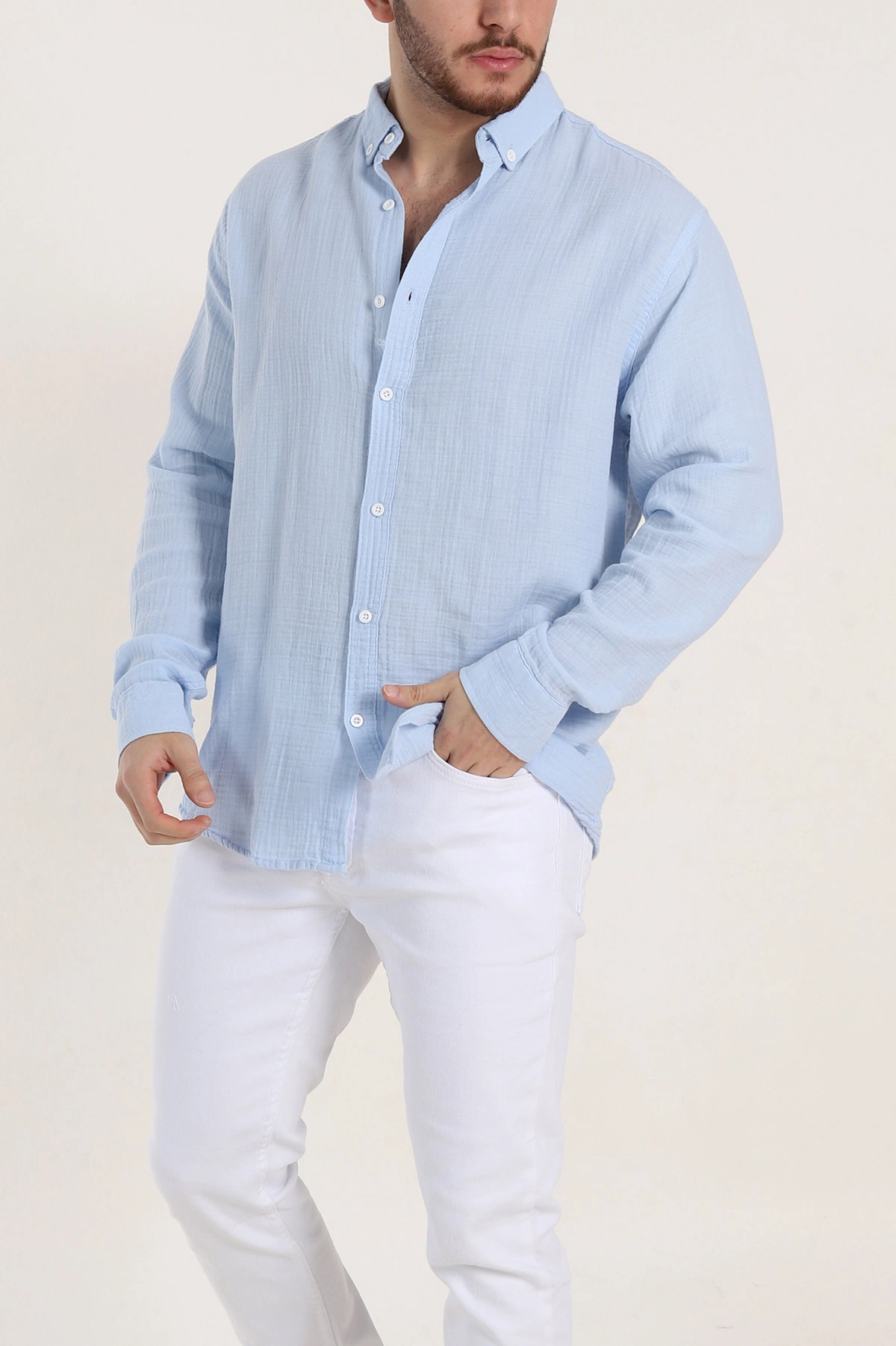Buz Mavisi Relaxed Fit Müslin Keten Ata Yaka Erkek Gömlek 339150