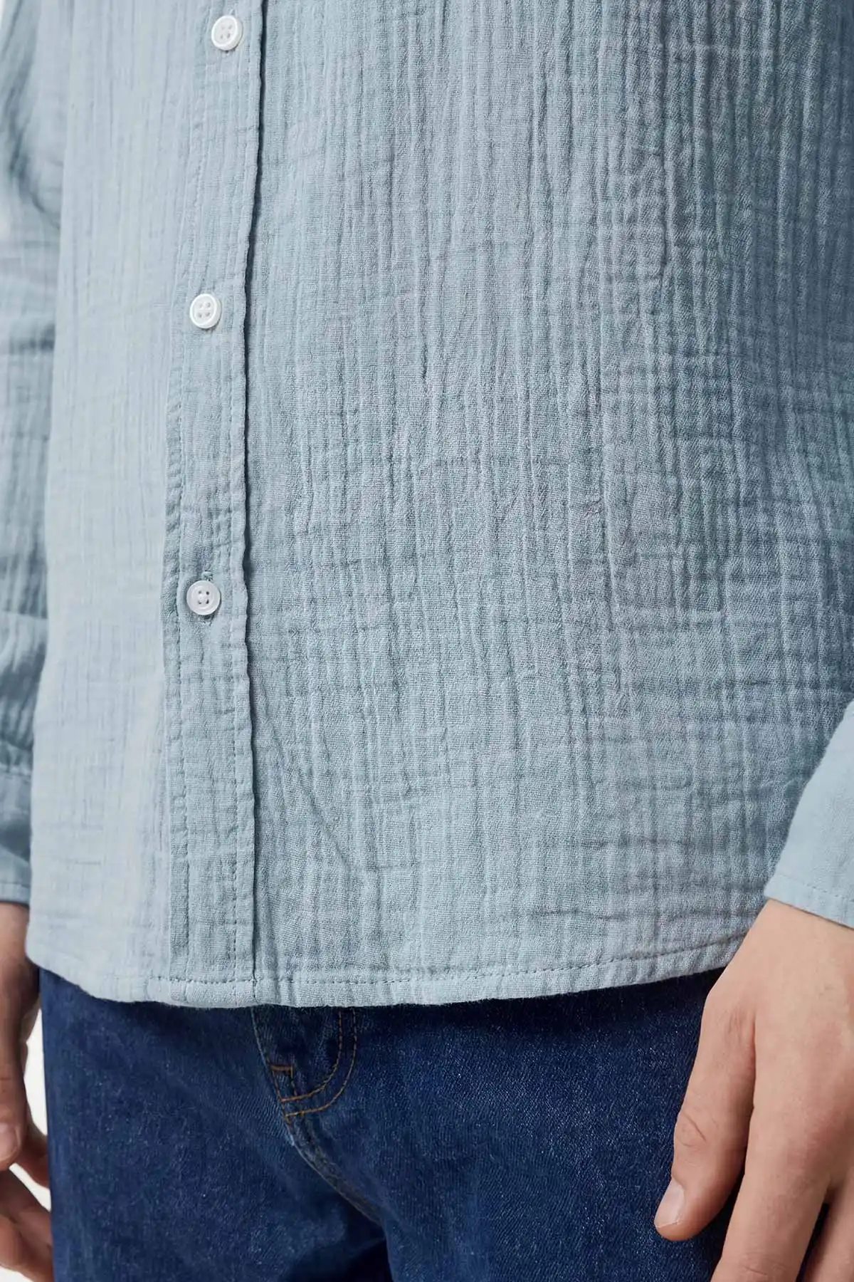 Buz Mavisi Relaxed Fit Müslin Keten Ata Yaka Erkek Gömlek 435743