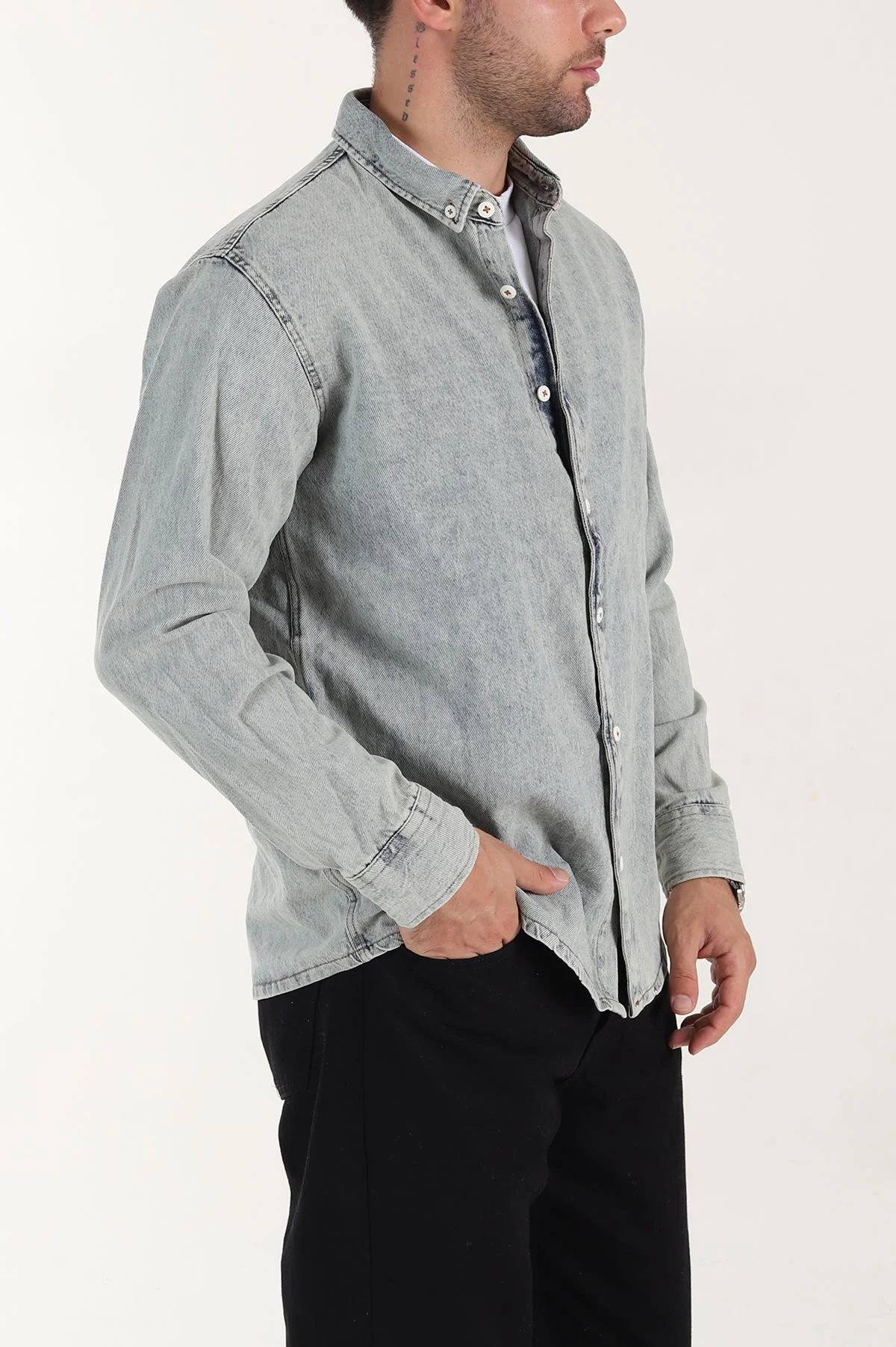 Buz Mavisi Relaxed Fit Yıkamalı Erkek Kot Gömlek 399955
