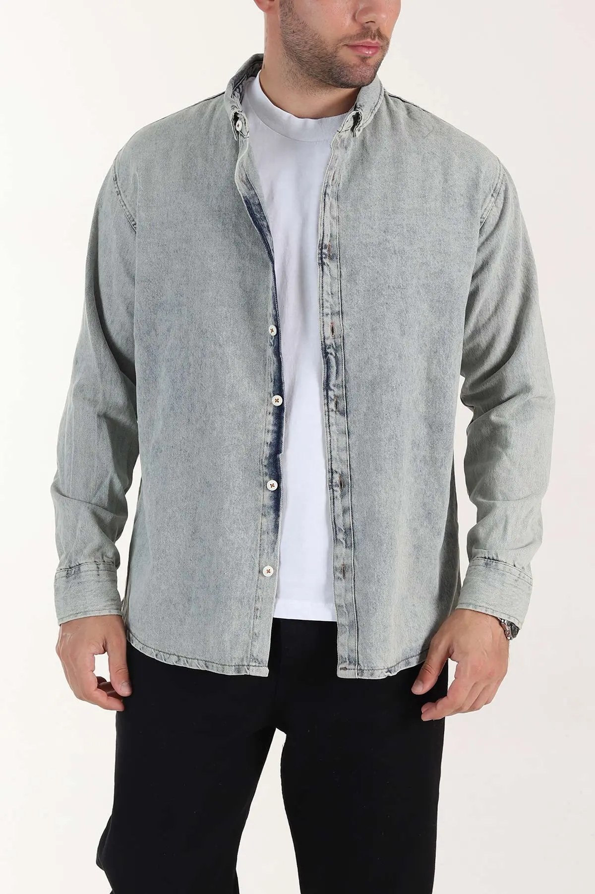 Buz Mavisi Relaxed Fit Yıkamalı Erkek Kot Gömlek 399955