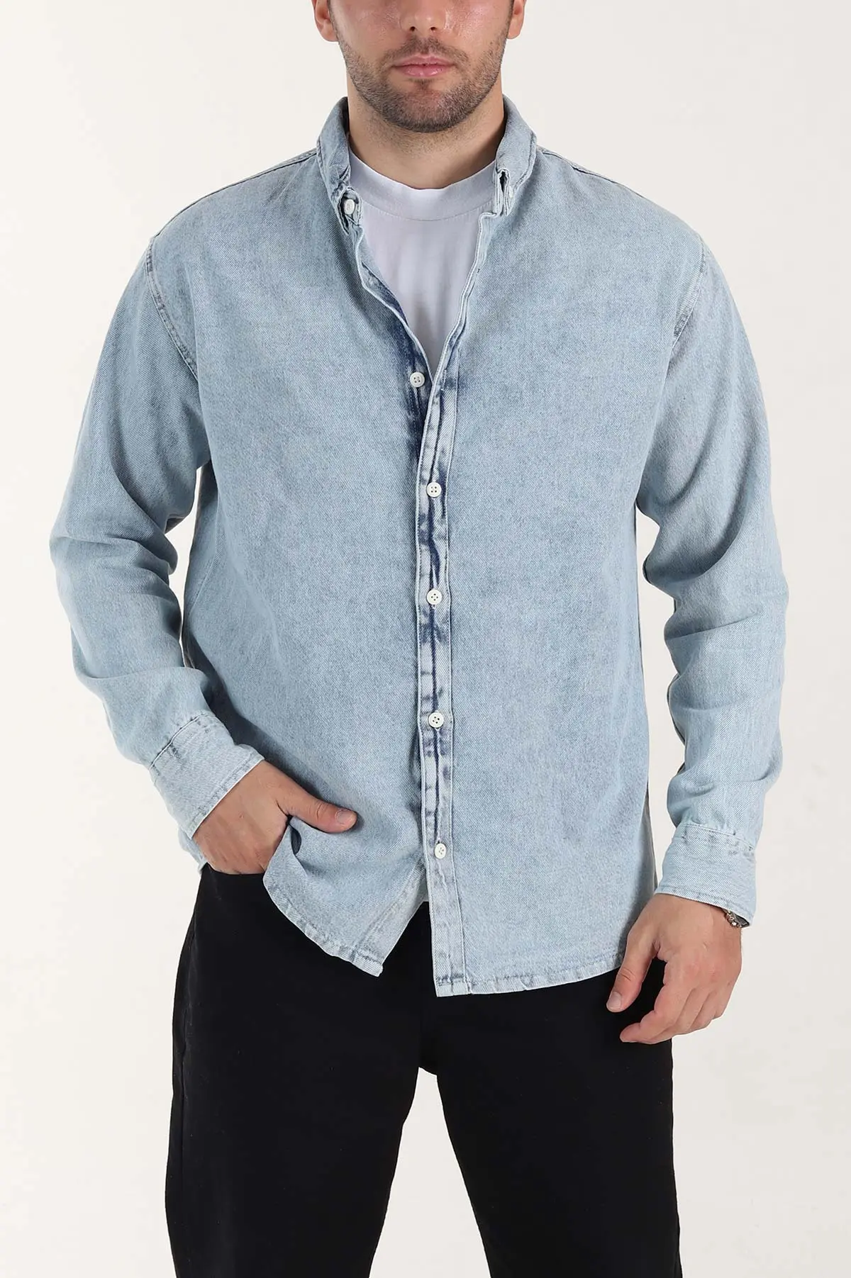 Buz Mavisi Relaxed Fit Yıkamalı Erkek Kot Gömlek 399960