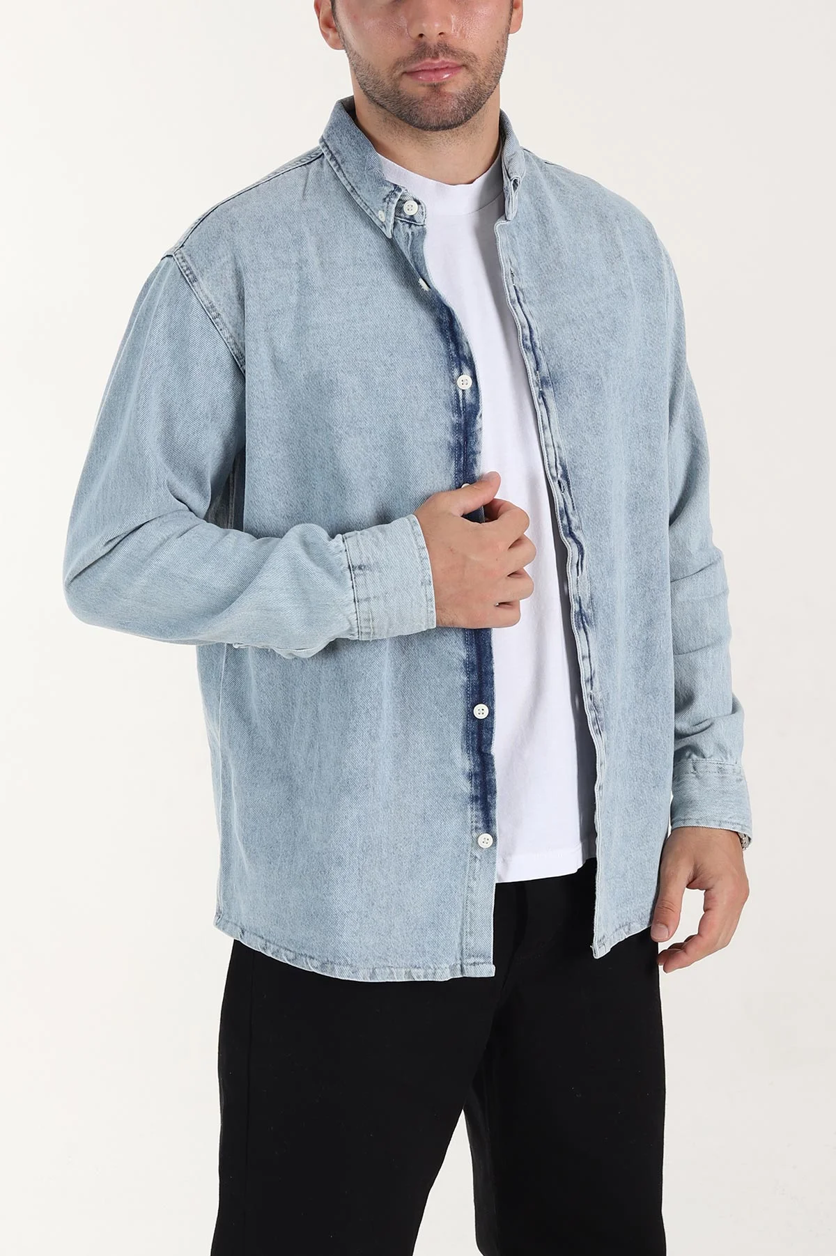 Buz Mavisi Relaxed Fit Yıkamalı Erkek Kot Gömlek 399960