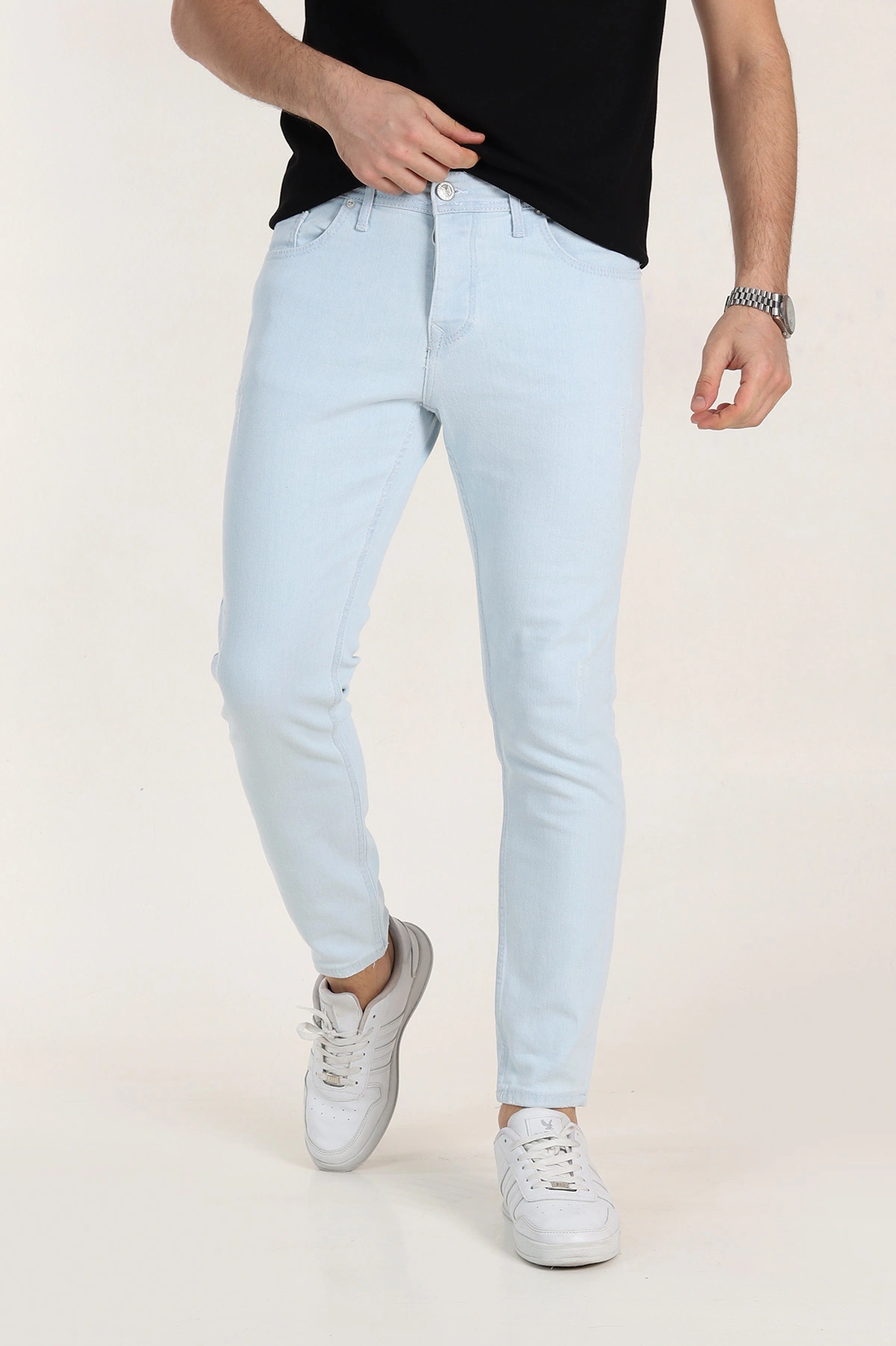 Buz Mavisi Skinny Fit Yıkamalı Taşlama Detaylı Erkek Kot Pantolon 354413