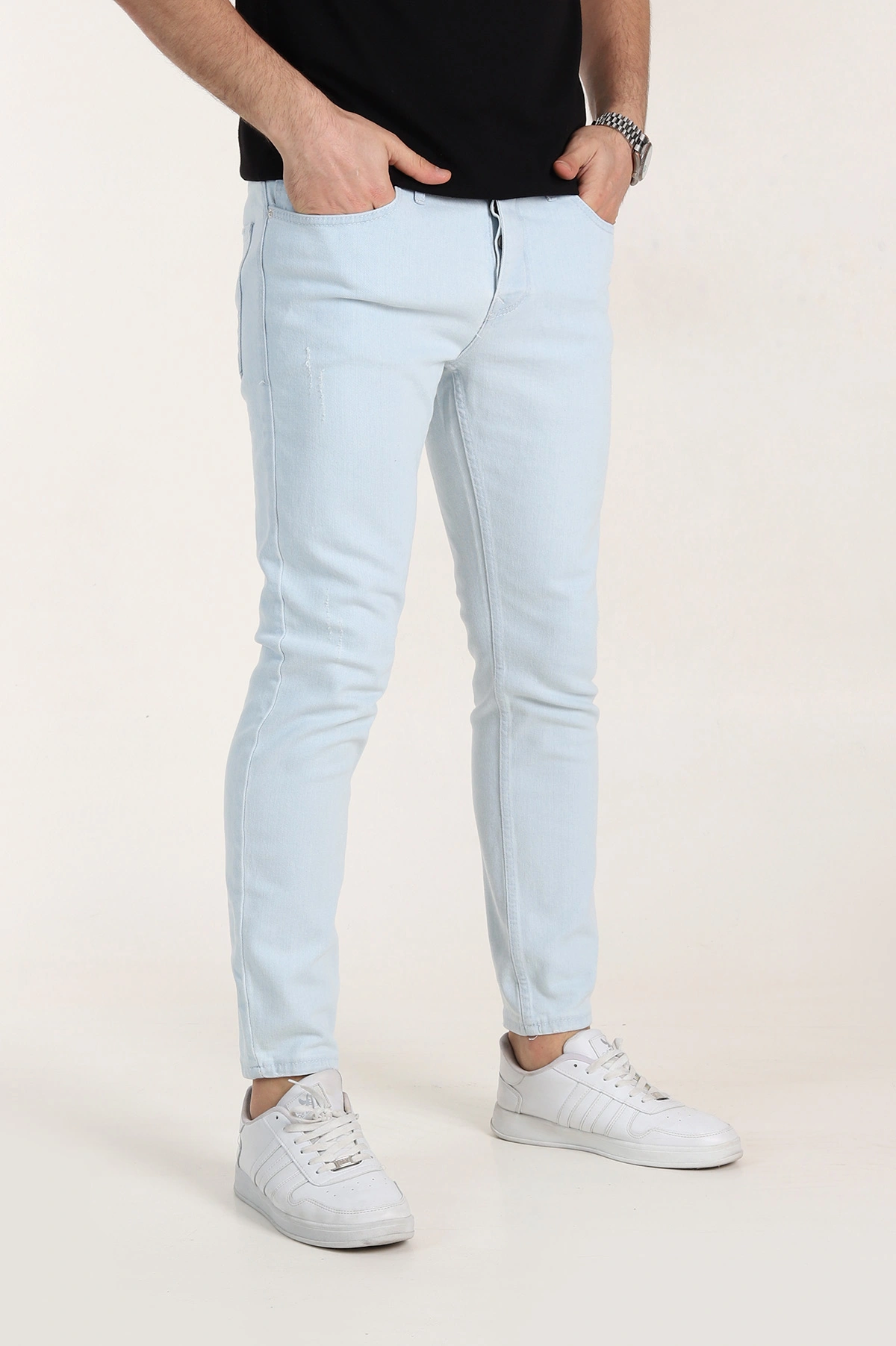 Buz Mavisi Skinny Fit Yıkamalı Taşlama Detaylı Erkek Kot Pantolon 354413
