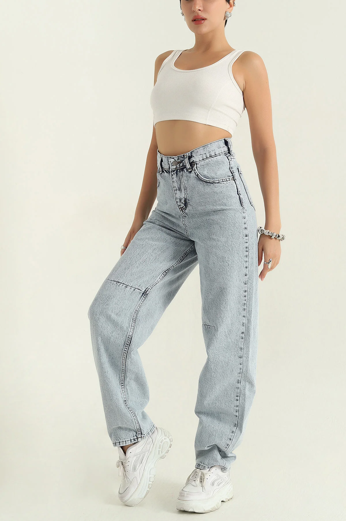 Buz Mavisi Toka Detay Baggy Kadın Kot Pantolon 368219