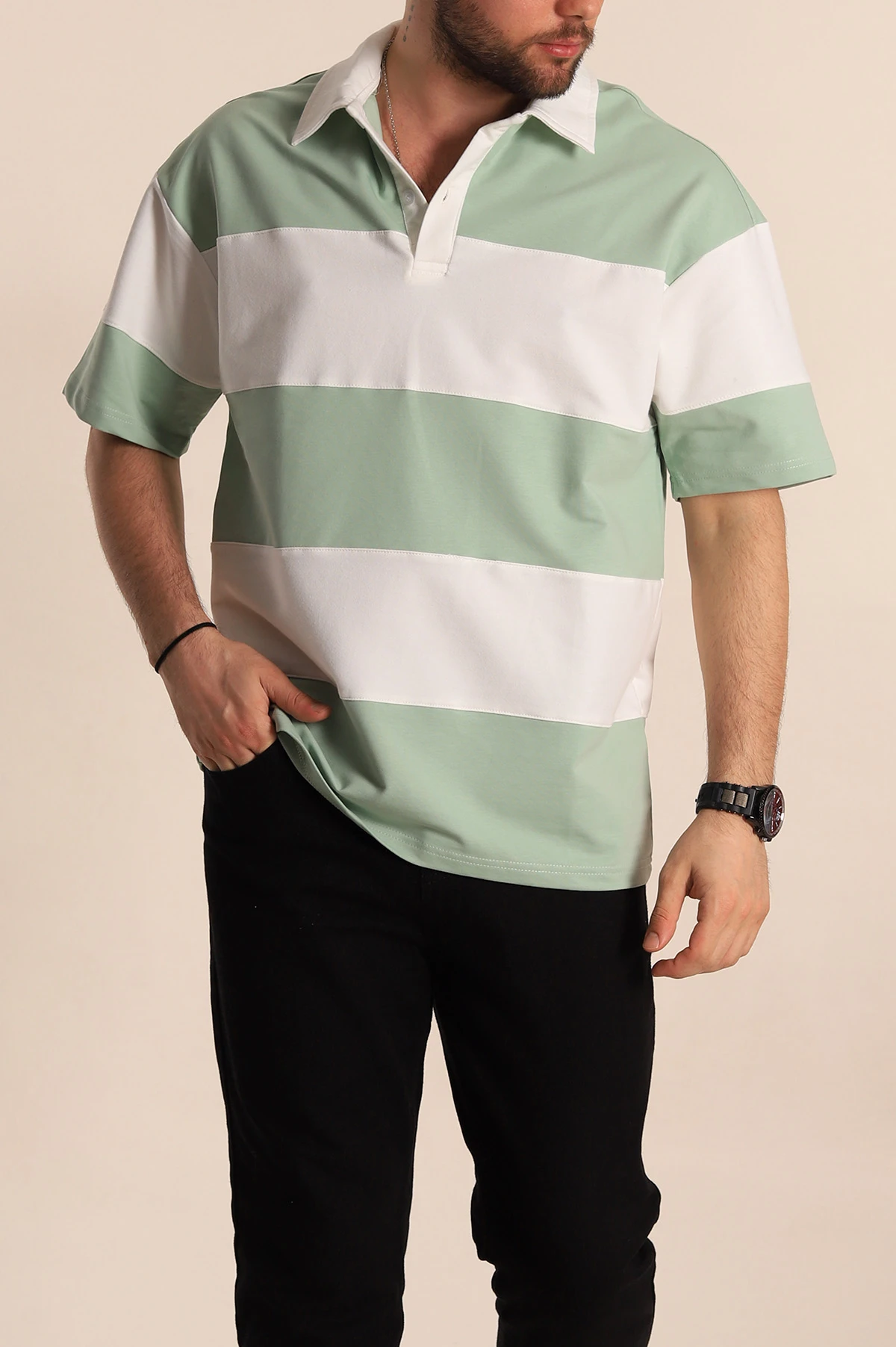 Çağla Yeşili Beyaz Geniş Çizgili Oversize İki İp Polo Yaka Erkek Tişört 268915
