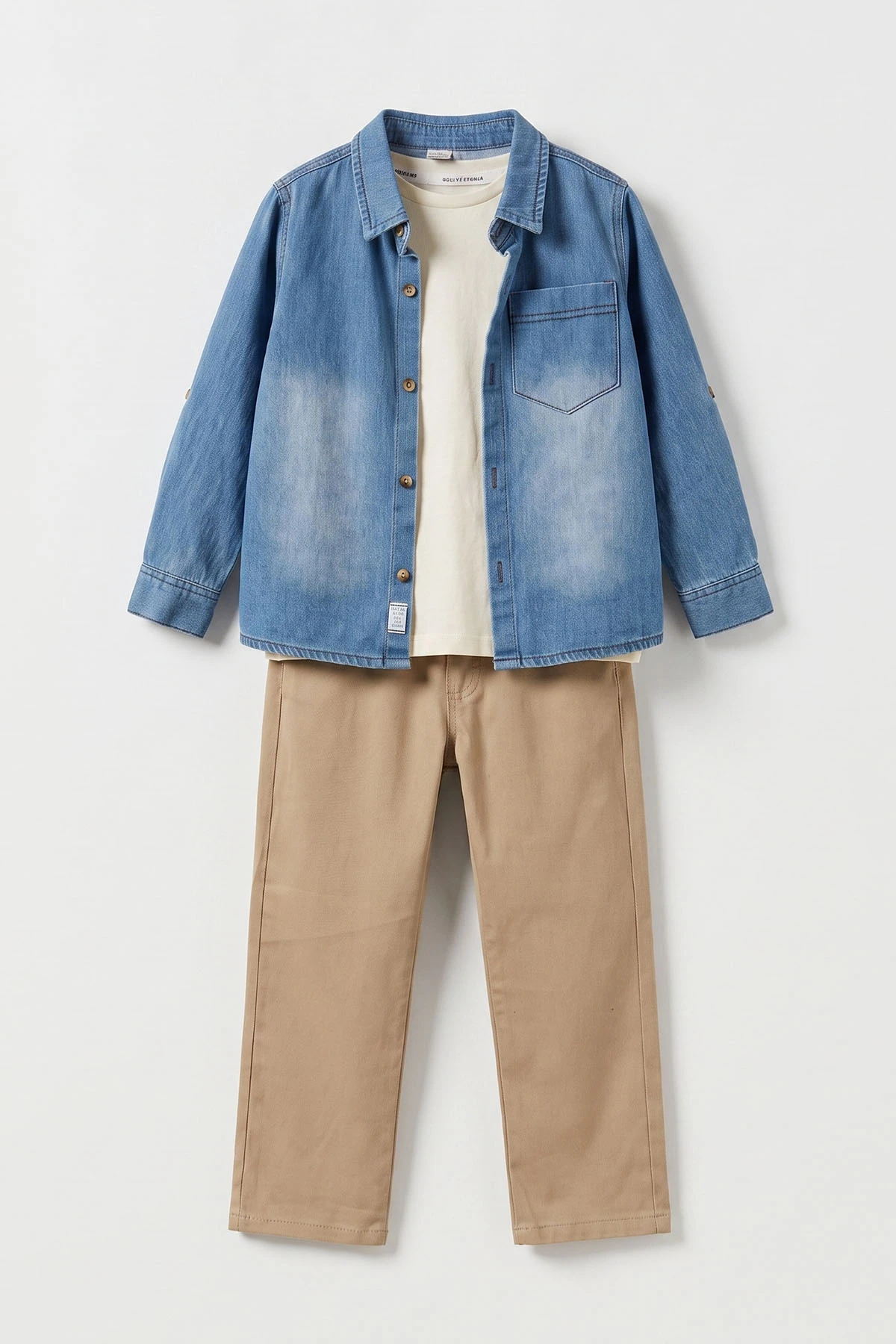 Camel (3-10 Yaş)Kot Gömlekli Tişörtlü Gabardin Pantolonlu Erkek Çocuk 3'lü Takım 478442