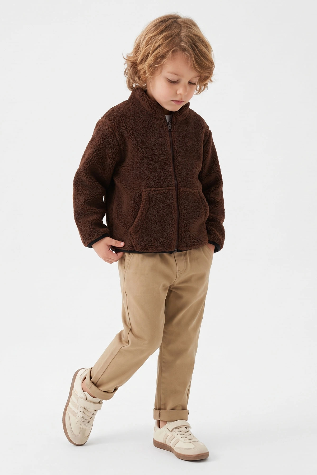 Camel (4-8 Yaş)Fermuarlı Kuzu Polarlı Gabardin Pantolonlu Erkek Çocuk Takım 492564