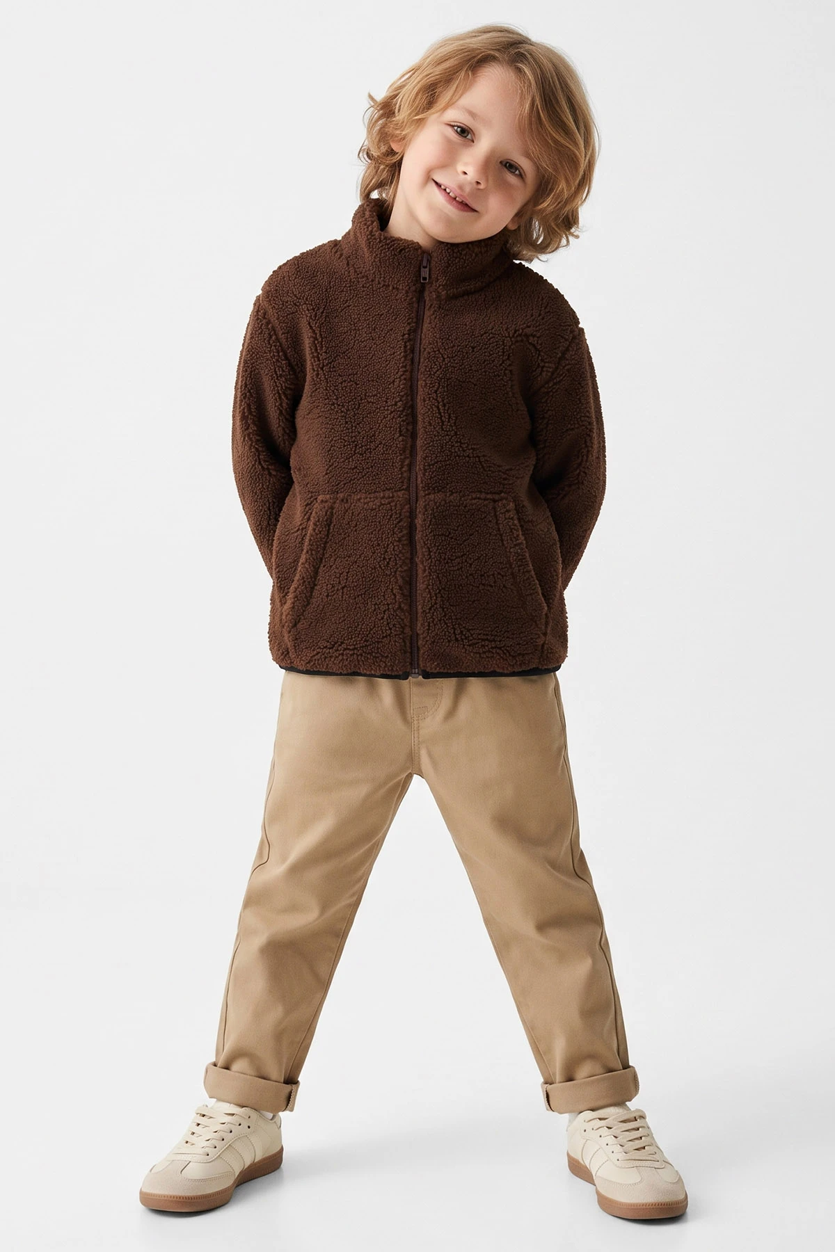 Camel (4-8 Yaş)Fermuarlı Kuzu Polarlı Gabardin Pantolonlu Erkek Çocuk Takım 492564