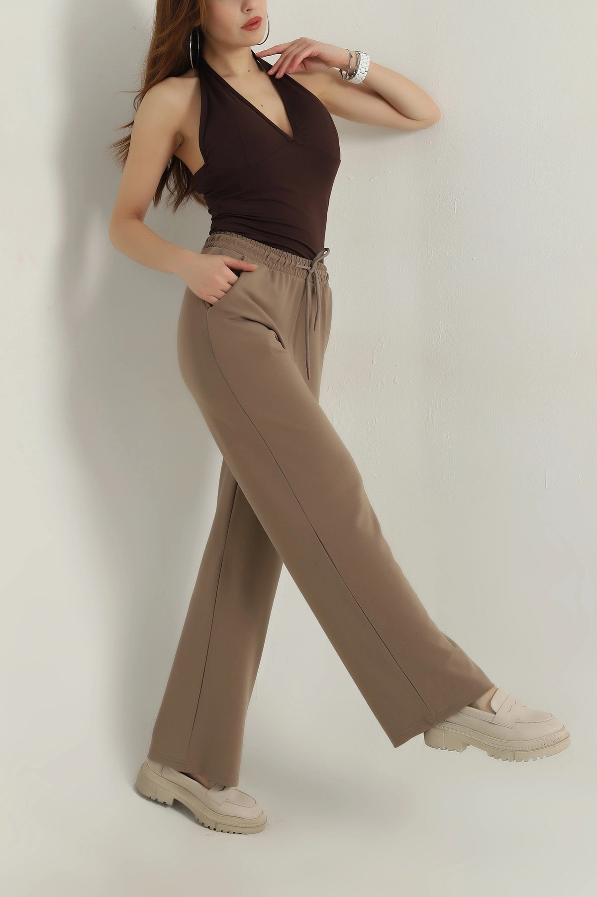 Camel Cepli Bel Lastikli Modal Kadın Pantolon 412528