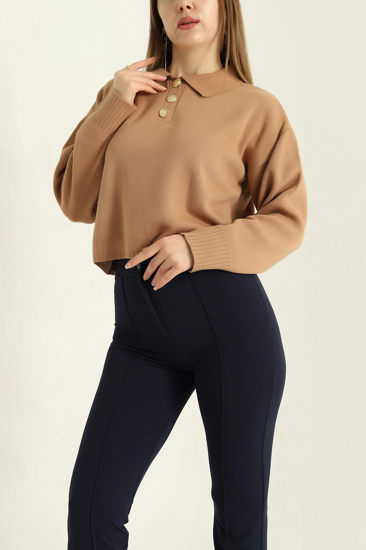 Camel Düğmeli Polo Yaka Bayan Triko Kazak 331821