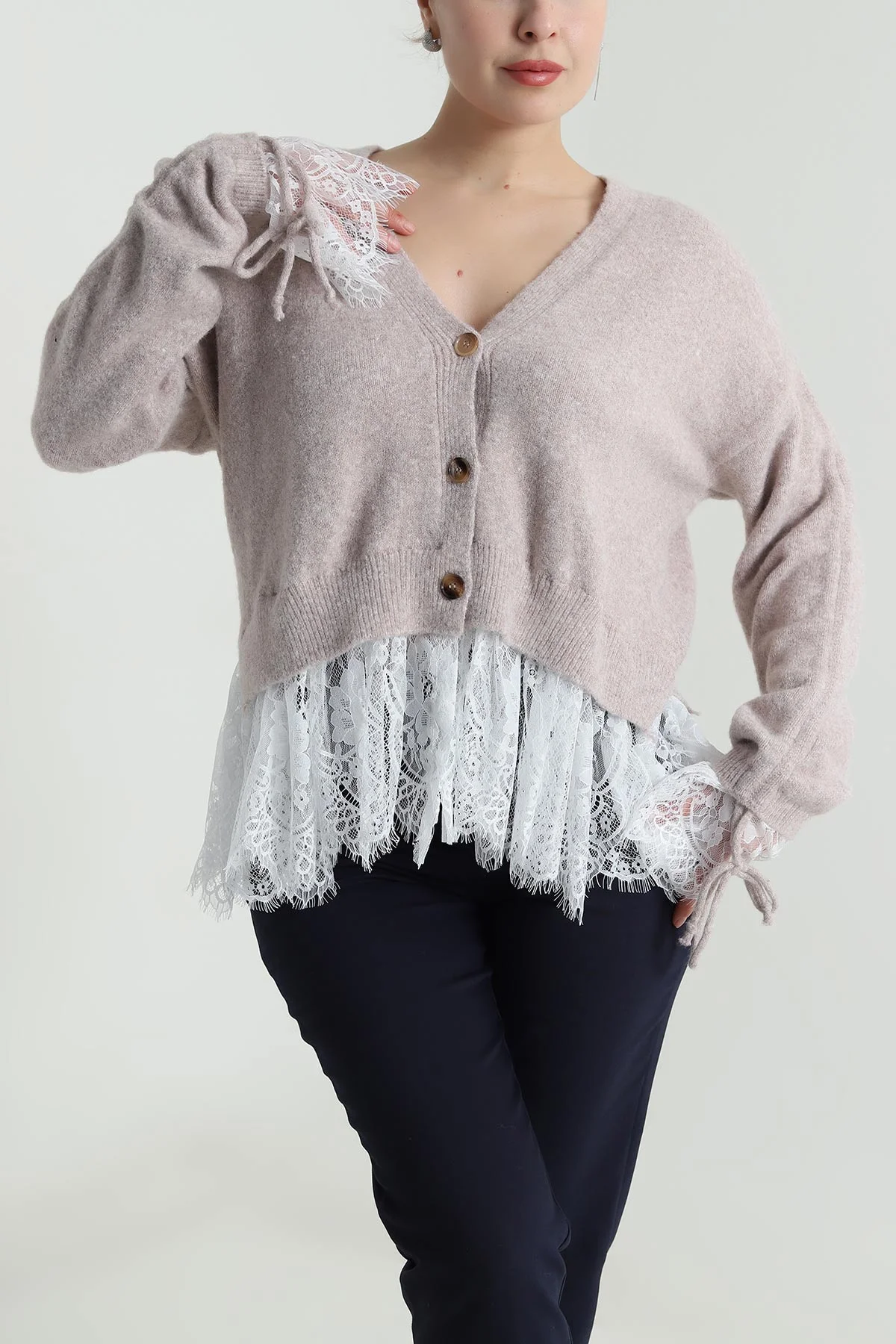 Camel Eteği Dantelli Kadın Triko Üst 493889