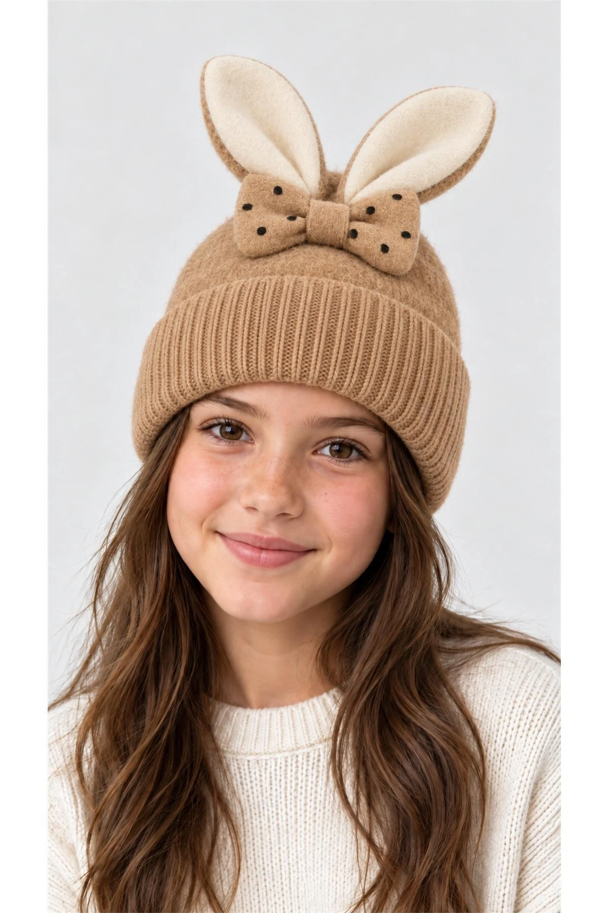 Camel İçi Polarlı Tavşan Kulaklıklı Teddy Kumaş Peluş Bere 5-12 Yaş 498833