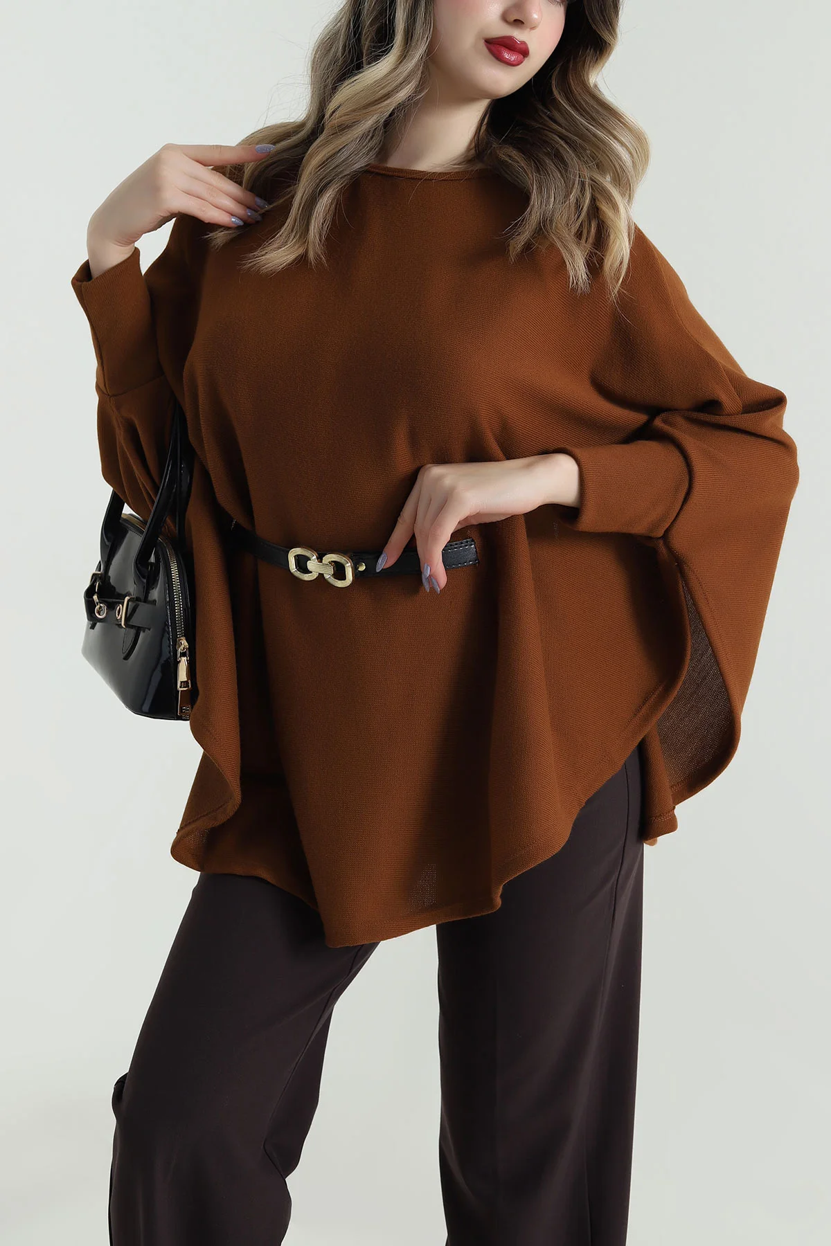 Camel Kemerli Kadın Triko Pelerin 496255