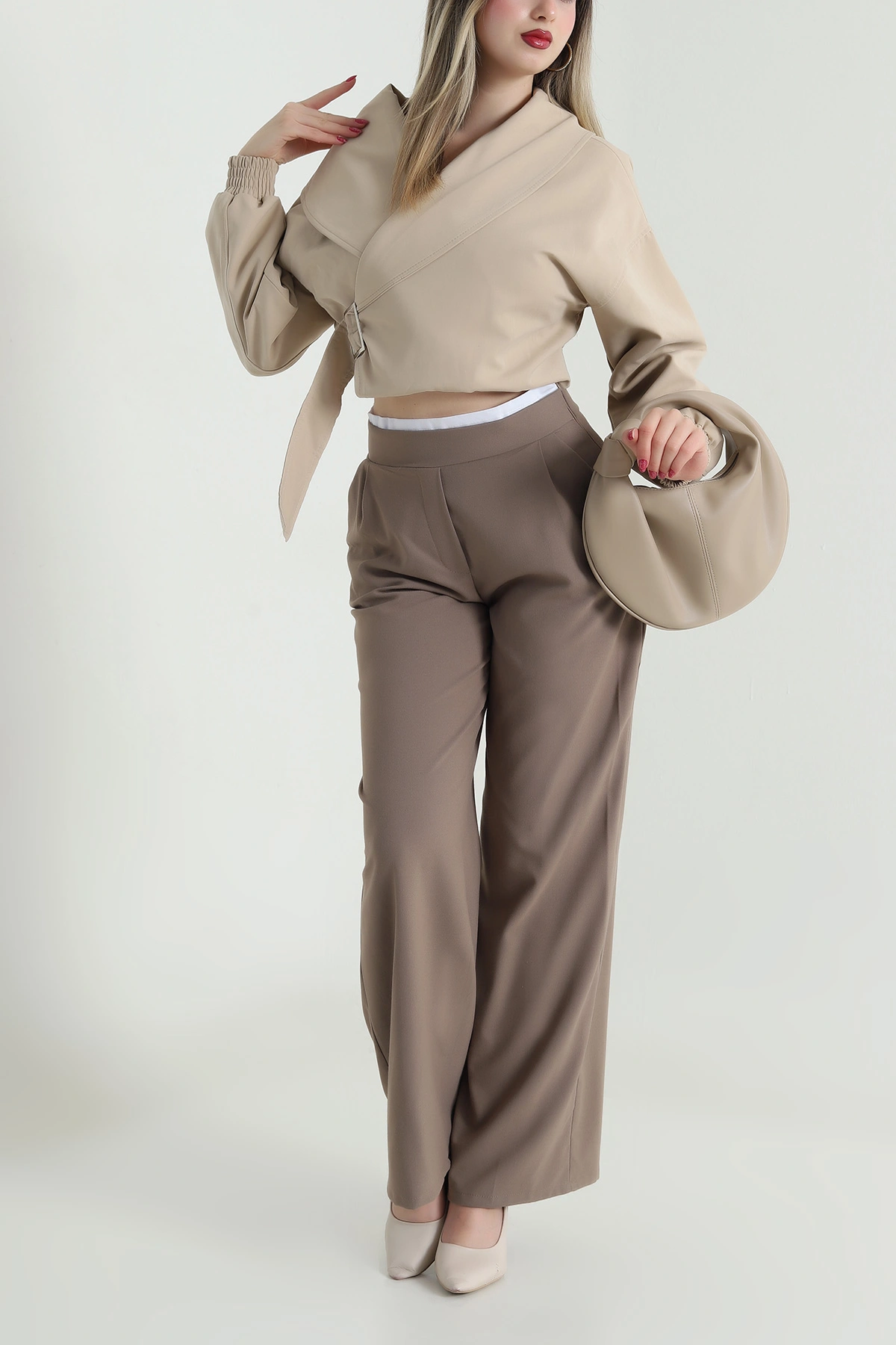 Camel Pileli Cepli Poliviskon Kadın Pantolon 494009
