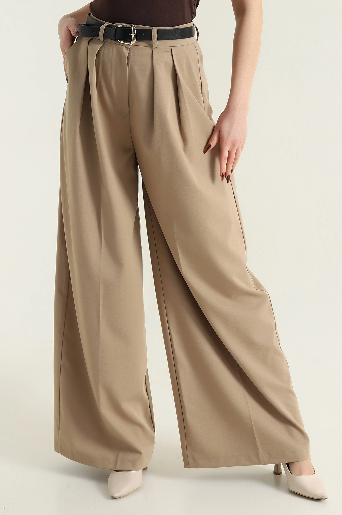 Camel Pileli Palazzo Poliviskon Kadın Pantolon 429791