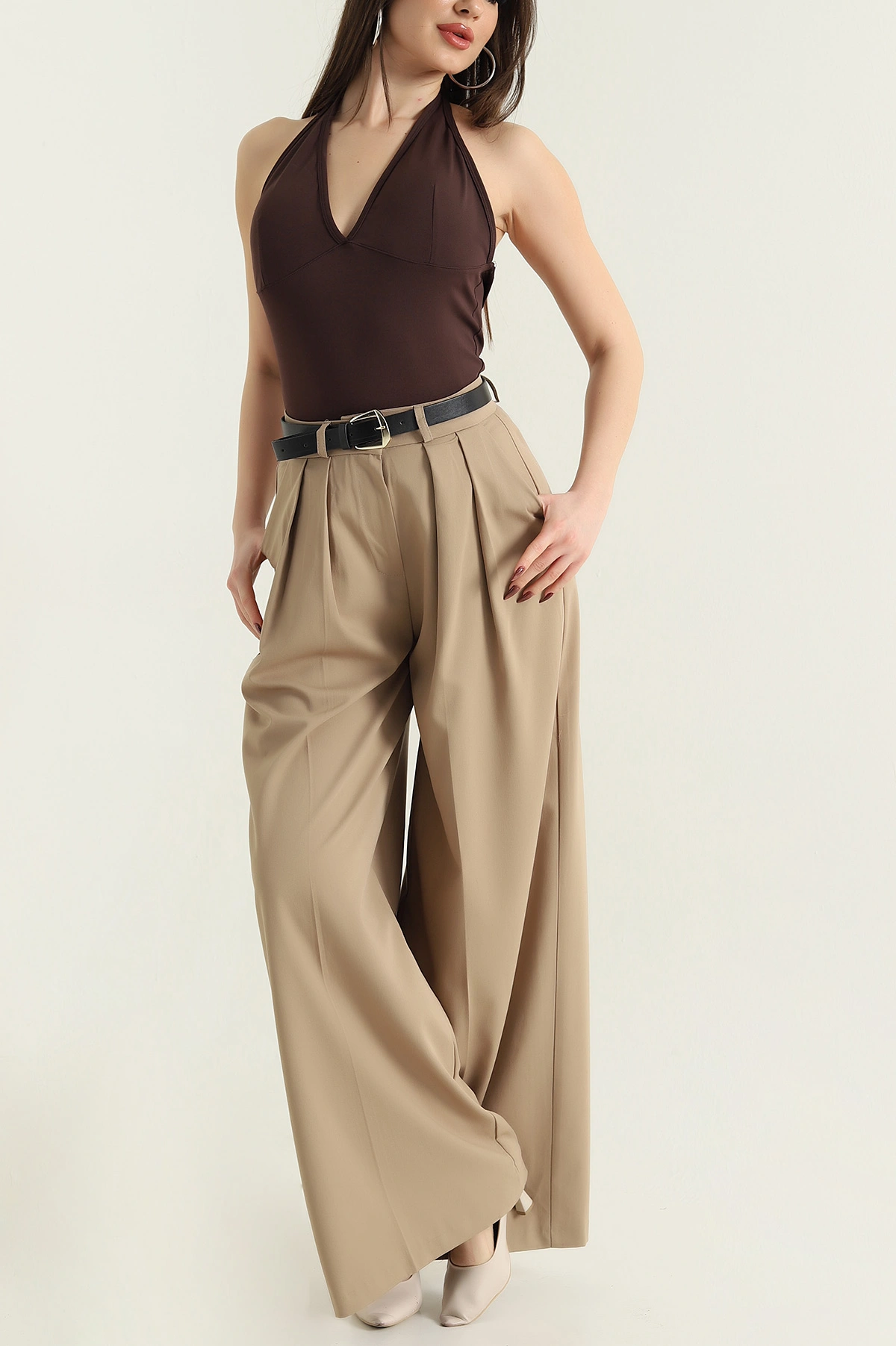 Camel Pileli Palazzo Poliviskon Kadın Pantolon 429791