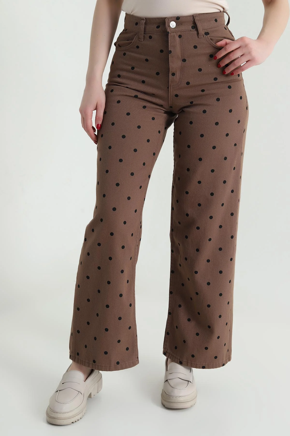 Camel Puantiyeli Palazzo Gabardin Kadın Pantolon 459393