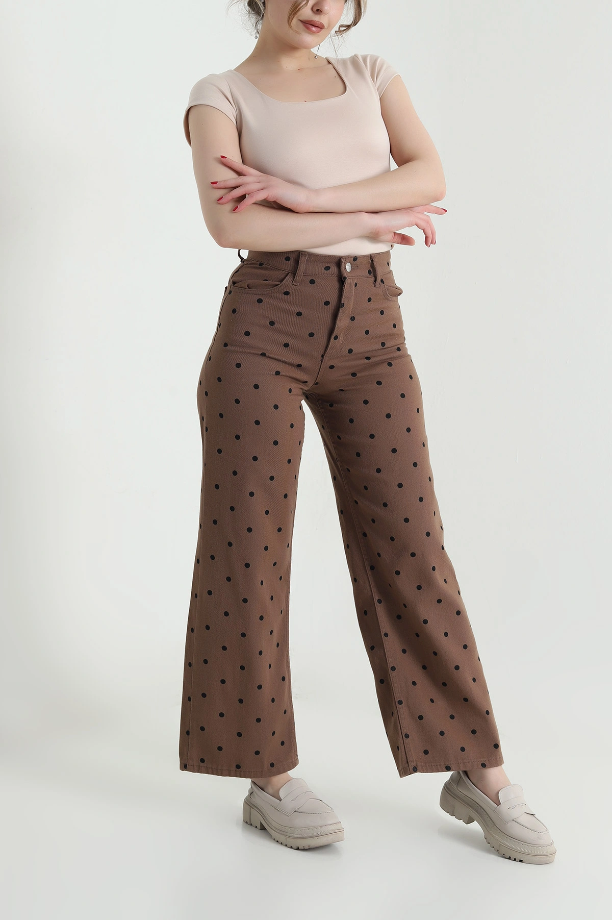 Camel Puantiyeli Palazzo Gabardin Kadın Pantolon 459393