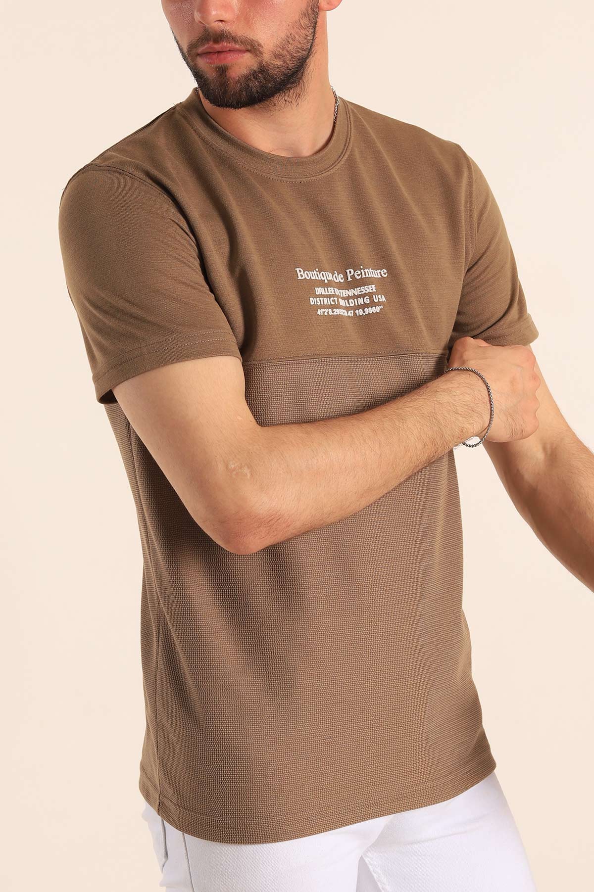 Camel Slim Fit Kabartma Baskılı Erkek Tişört 190041