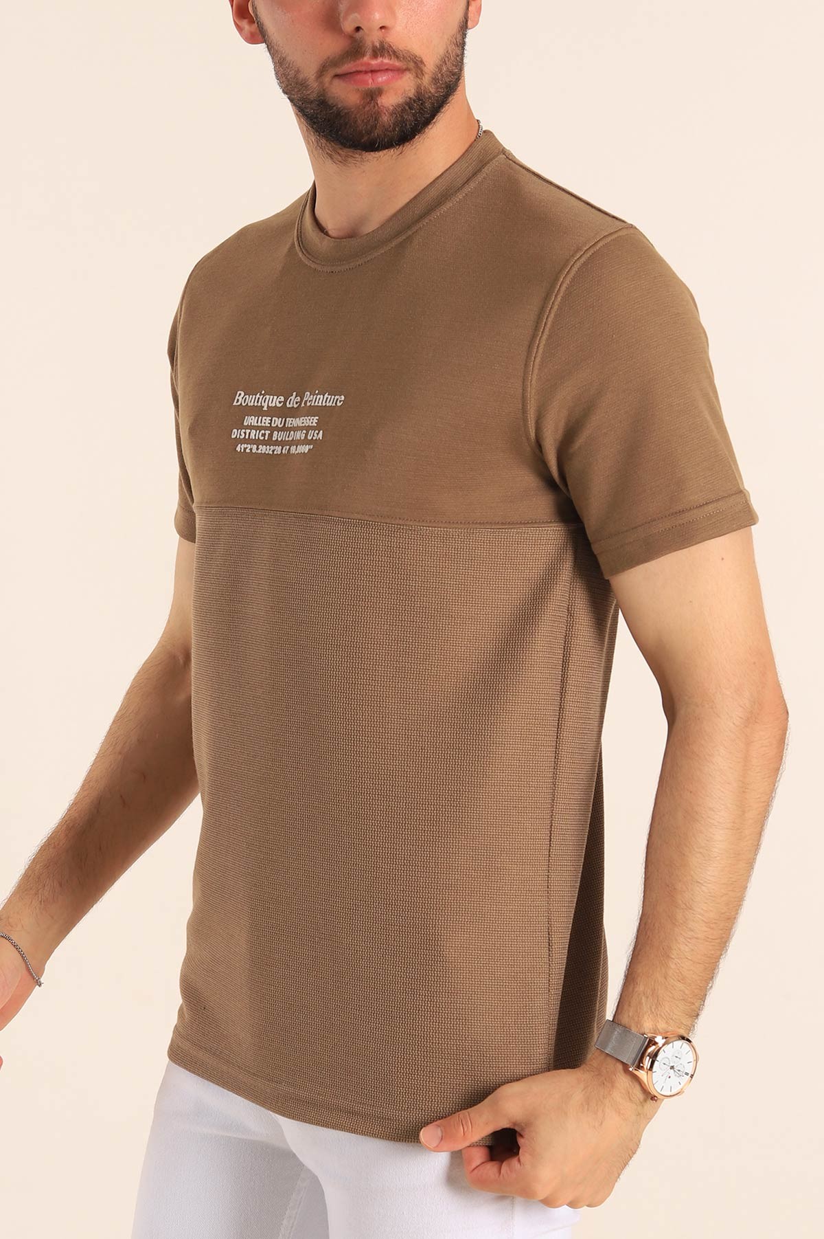 Camel Slim Fit Kabartma Baskılı Erkek Tişört 190041