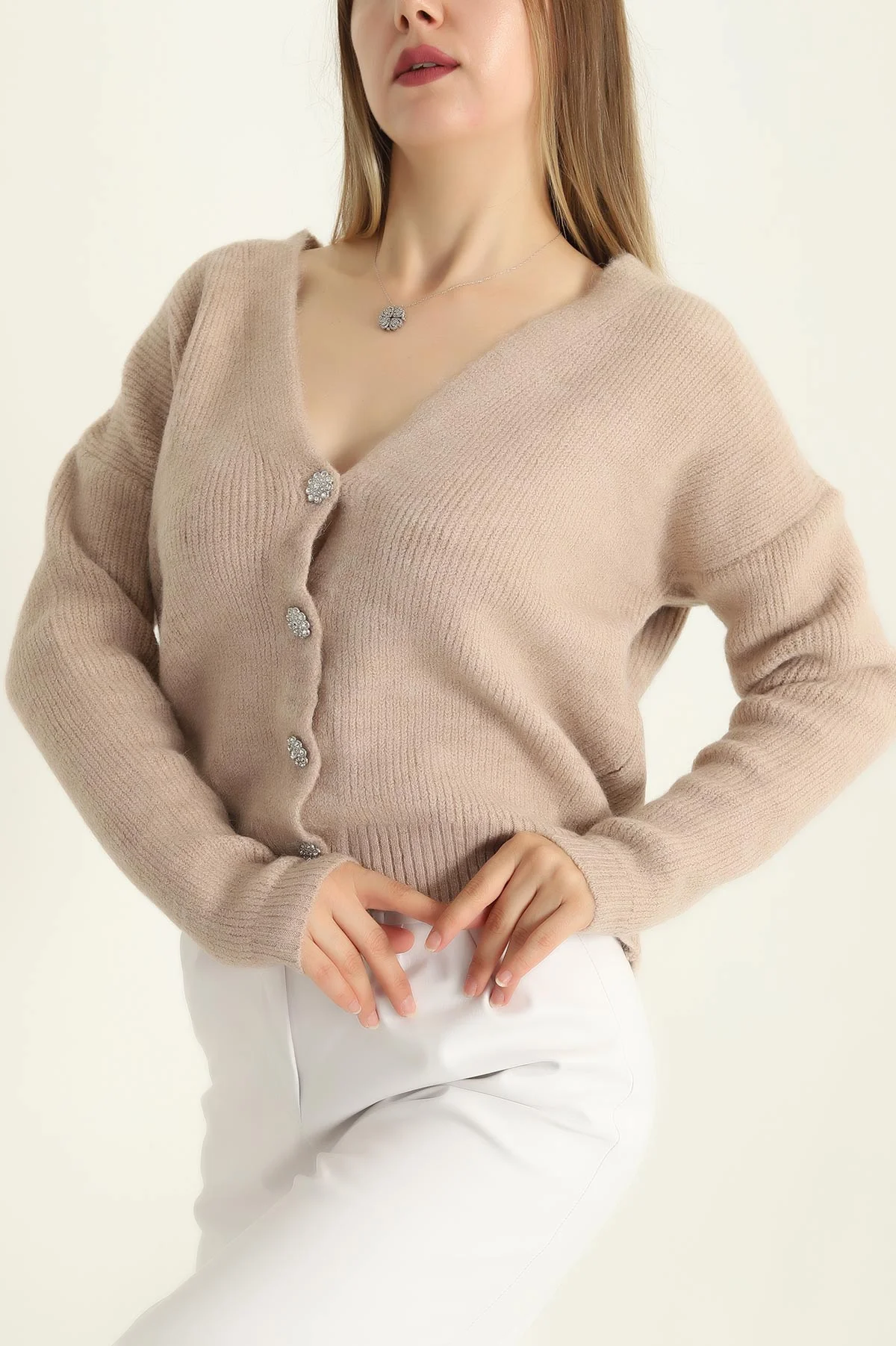Camel Taş Düğmeli Selanik Triko Hırka 294793