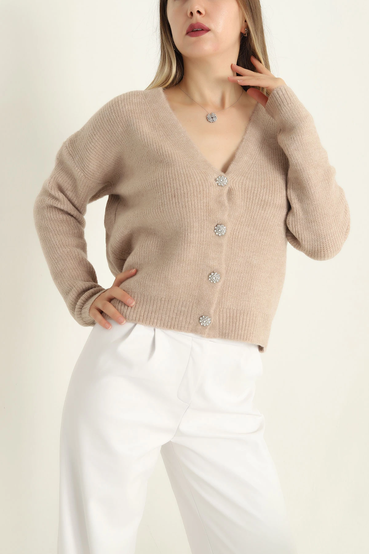 Camel Taş Düğmeli Selanik Triko Hırka 294793