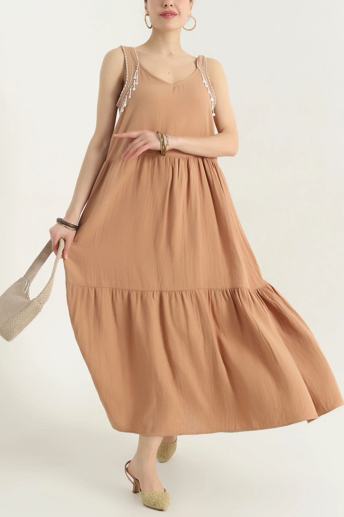 Camel Taş İşlemeli Müslin Kadın Elbise 345854