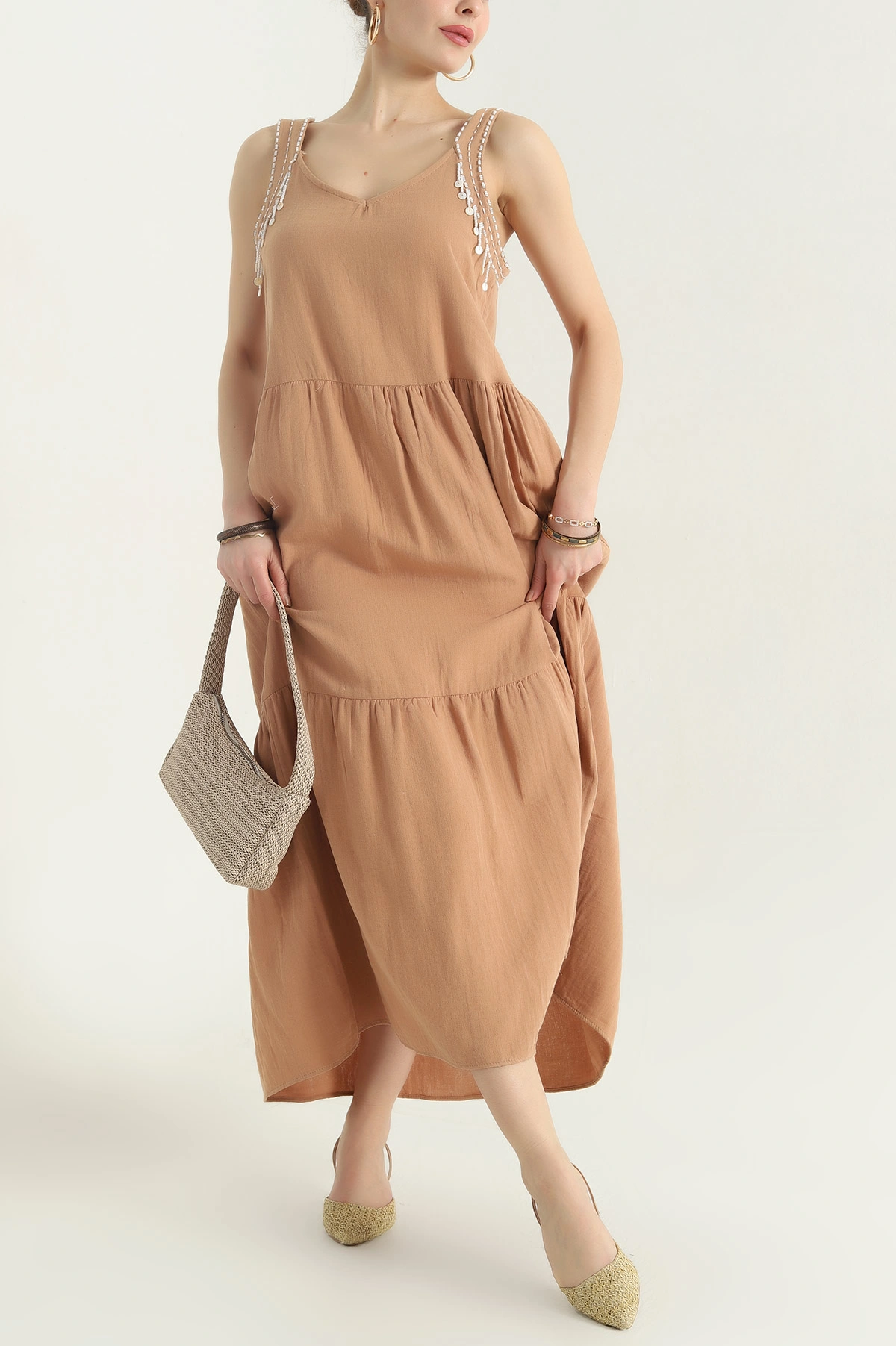Camel Taş İşlemeli Müslin Kadın Elbise 345854