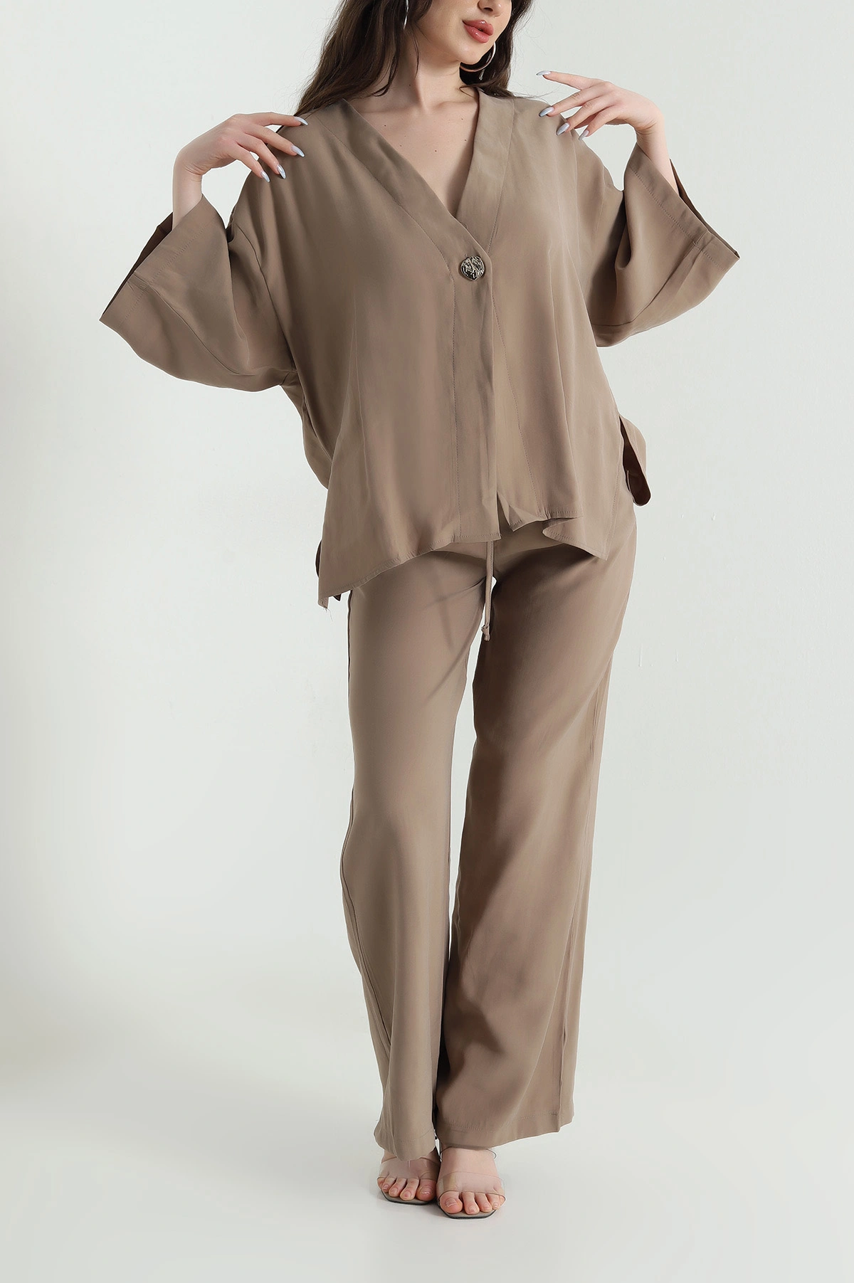 Camel Tencel Pantolon Bluz Kadın İkili Takım 449784
