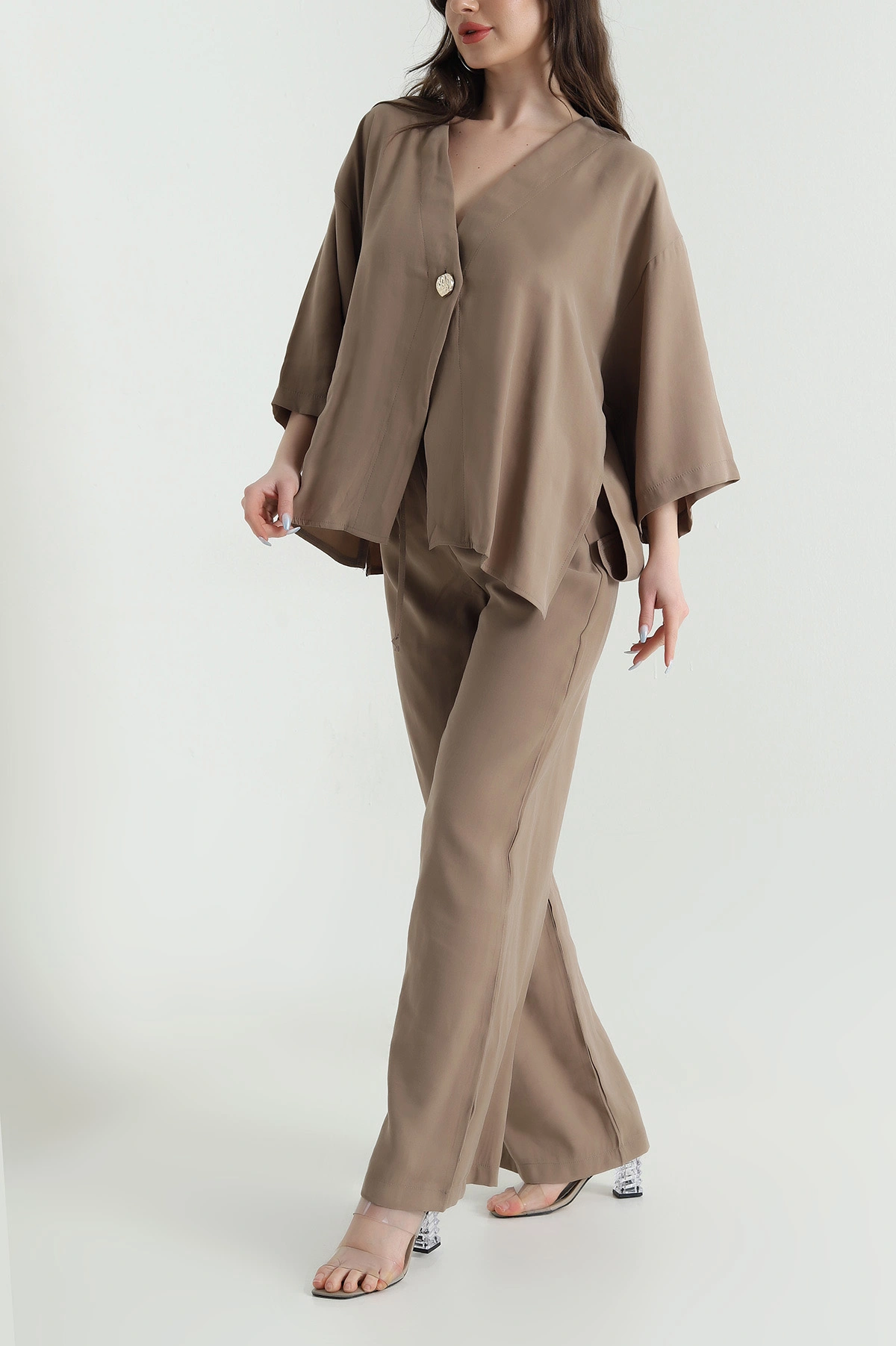 Camel Tencel Pantolon Bluz Kadın İkili Takım 449784