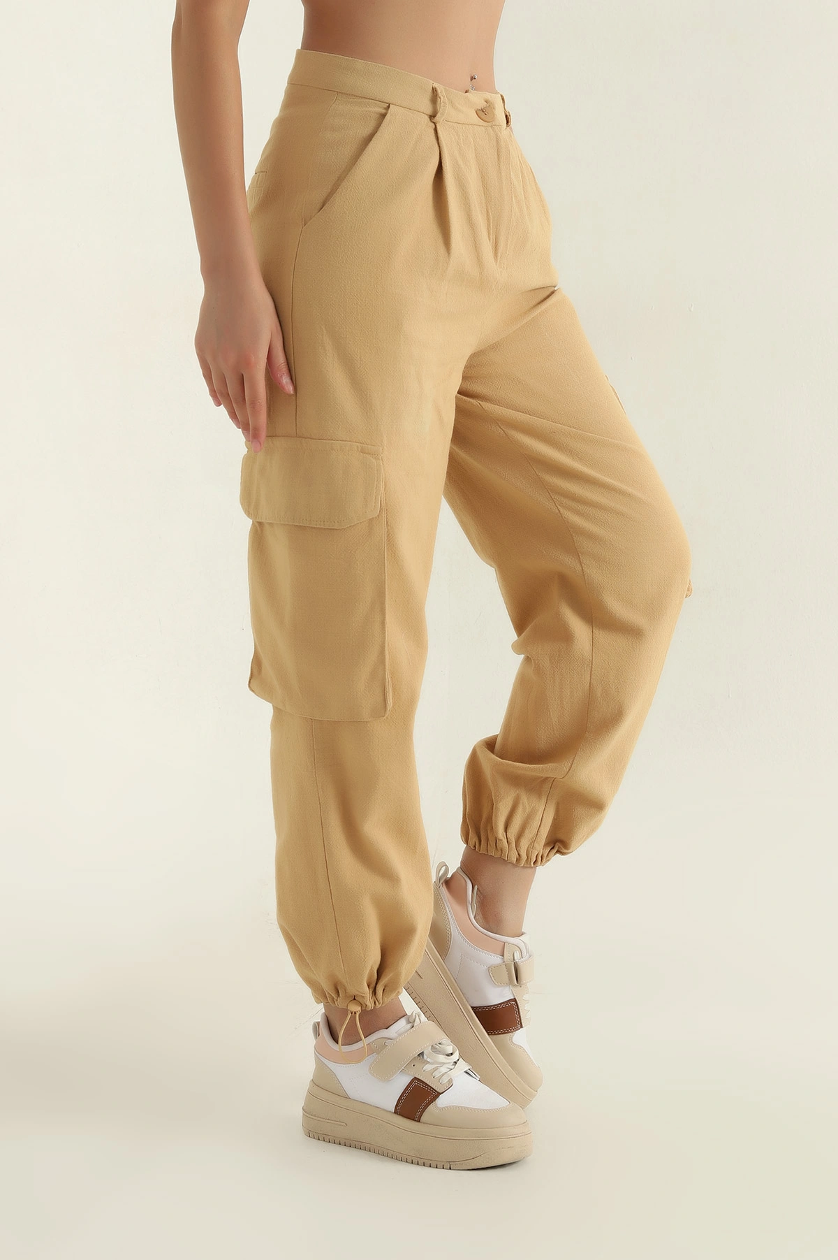 Camel Yağmur Gabardin Kadın Kargo Pantolon 361371