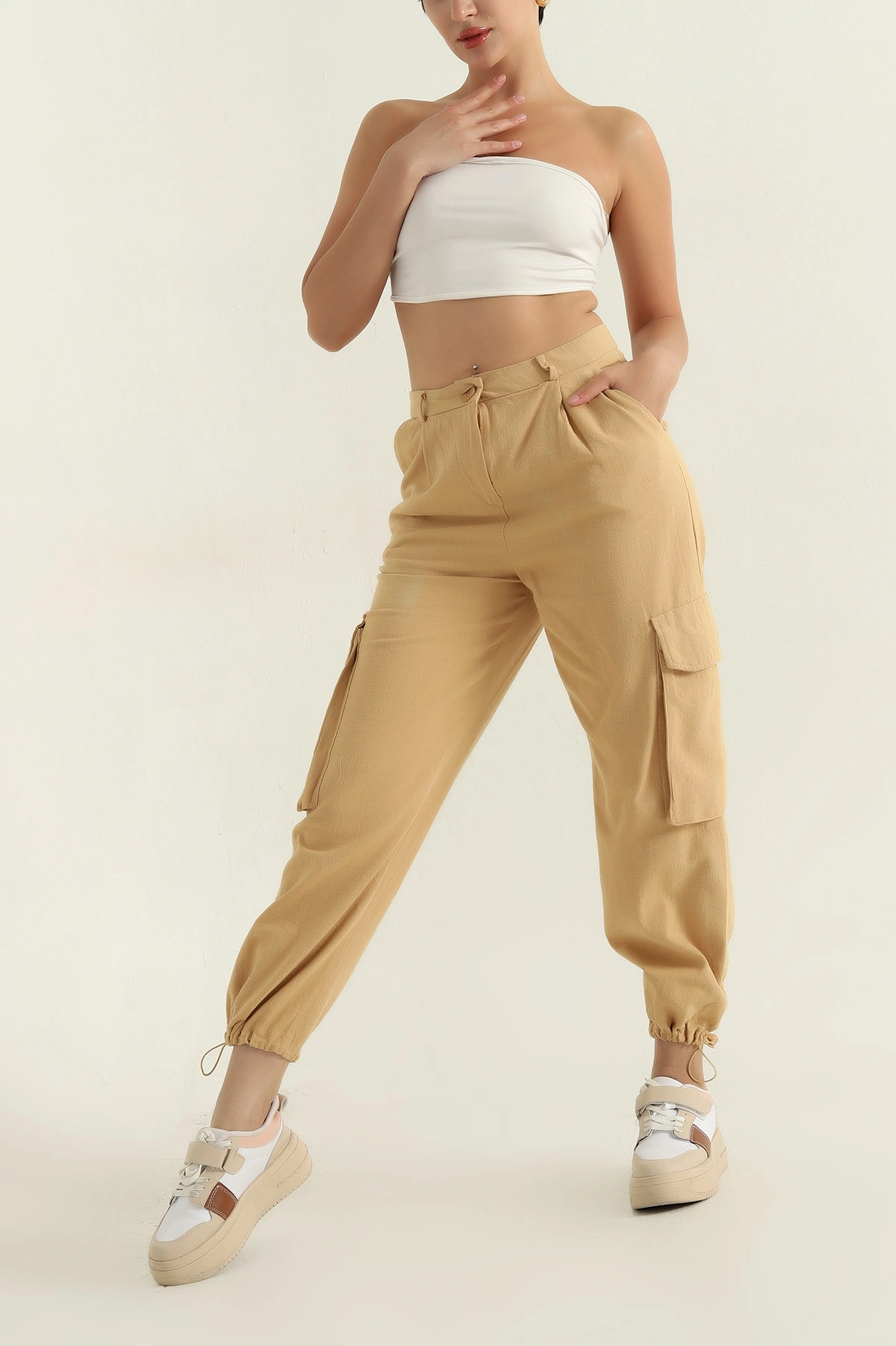 Camel Yağmur Gabardin Kadın Kargo Pantolon 361371