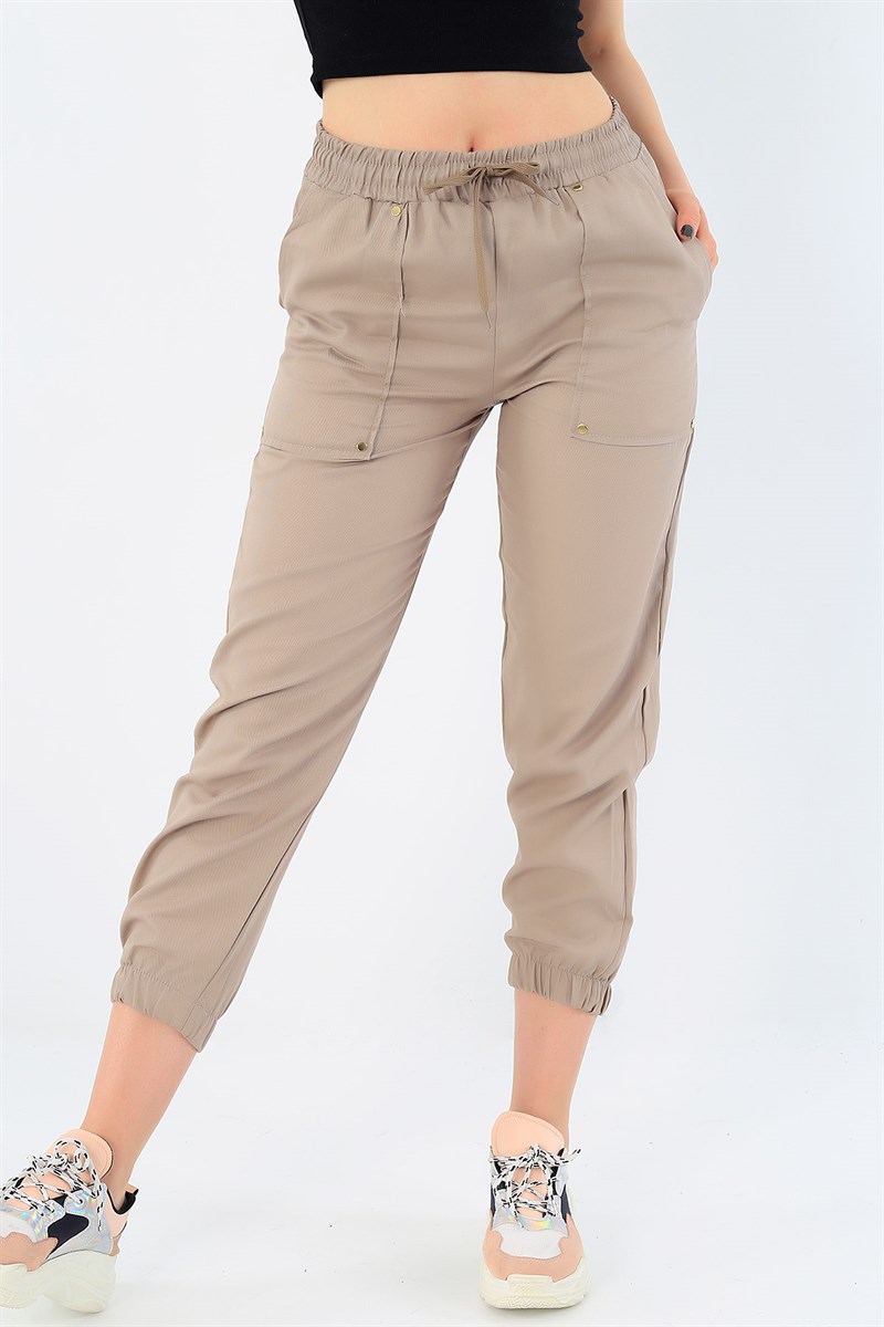 Cep Detay Gabardin Bej Bayan Pantolon 33191