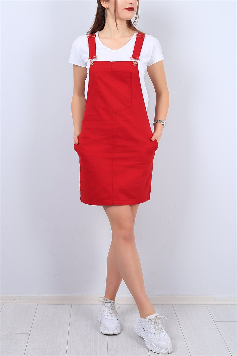 Cepli Kırmızı Bayan Salopet Elbise 12067B