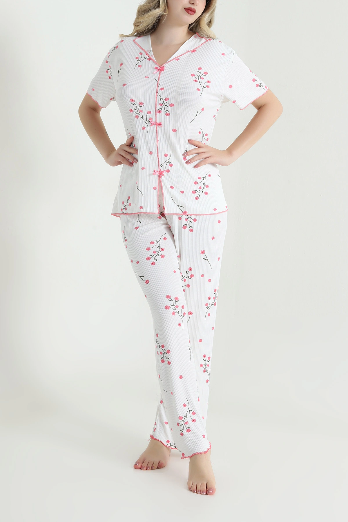 Çiçek Desenli Fiyonklu Kaşkorse Kadın Pijama Takımı 466663