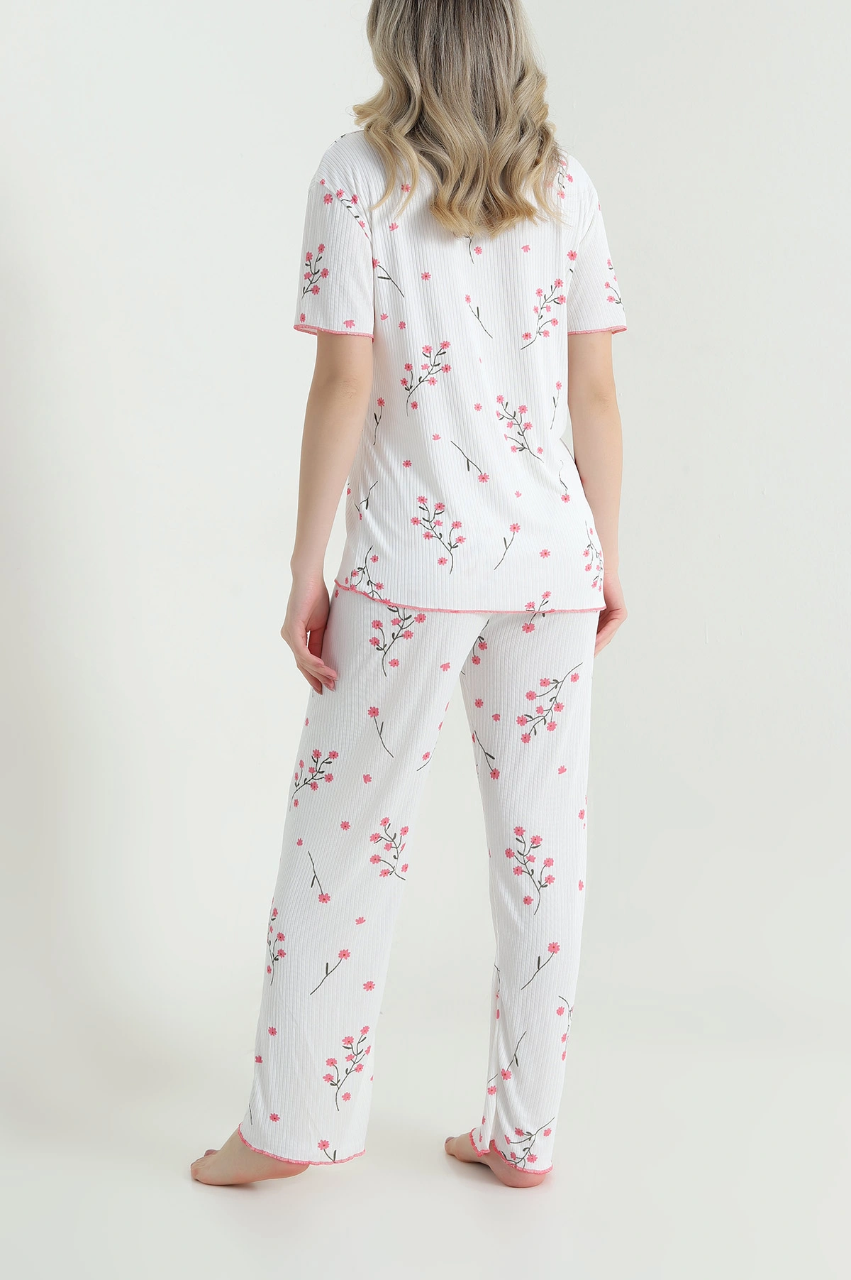 Çiçek Desenli Fiyonklu Kaşkorse Kadın Pijama Takımı 466663