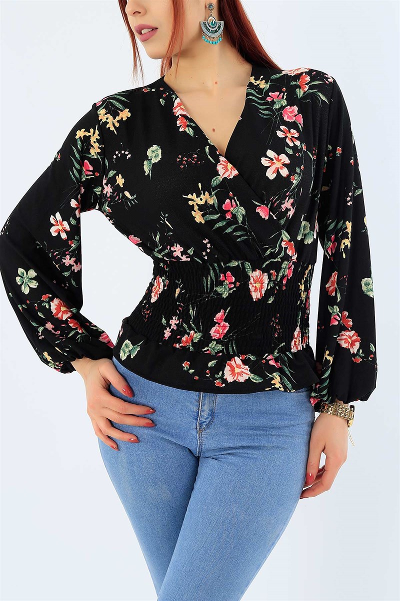 Çiçek Desenli Gipeli Siyah Bluz 31204