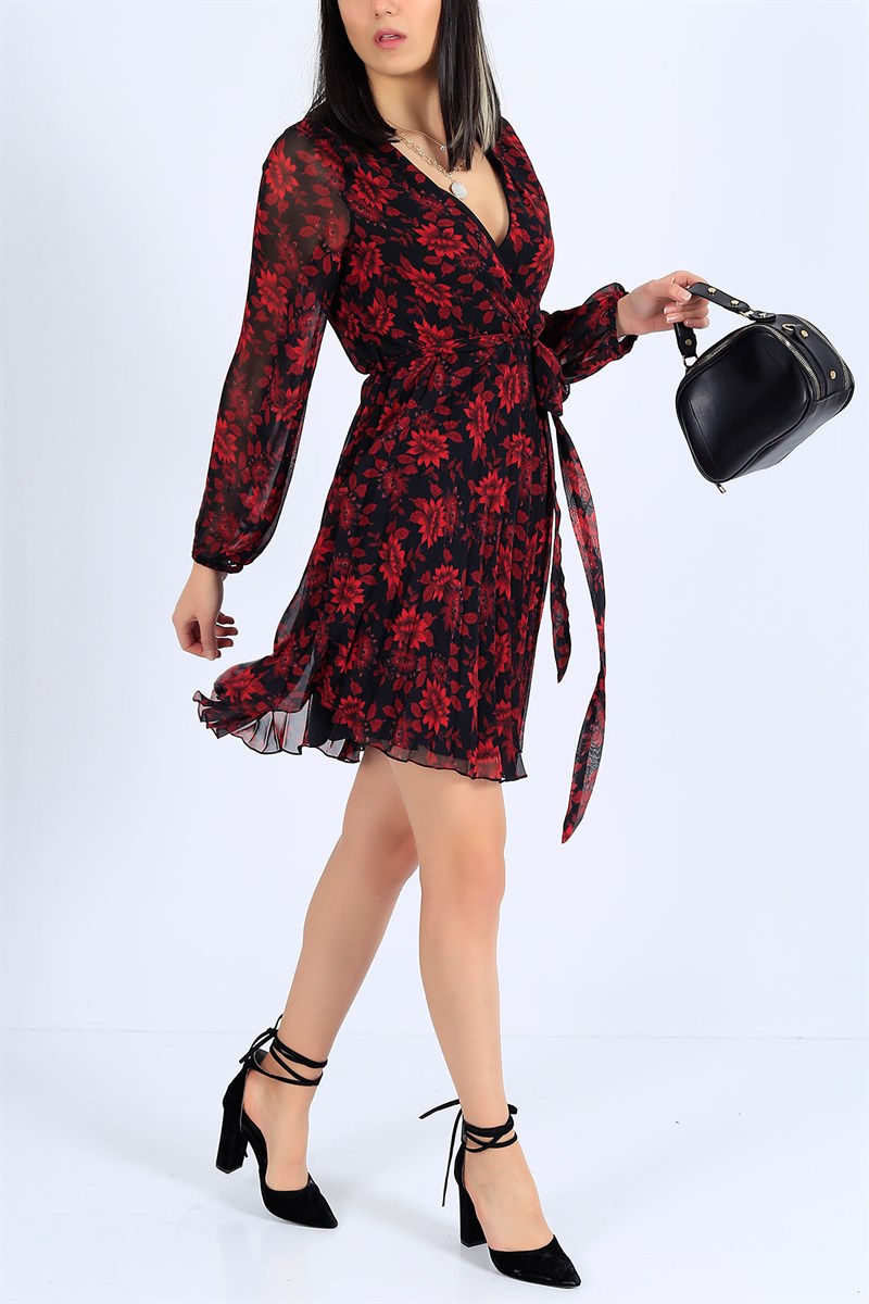 Çiçek Desenli Kırmızı Midi Şifon Elbise 25610B