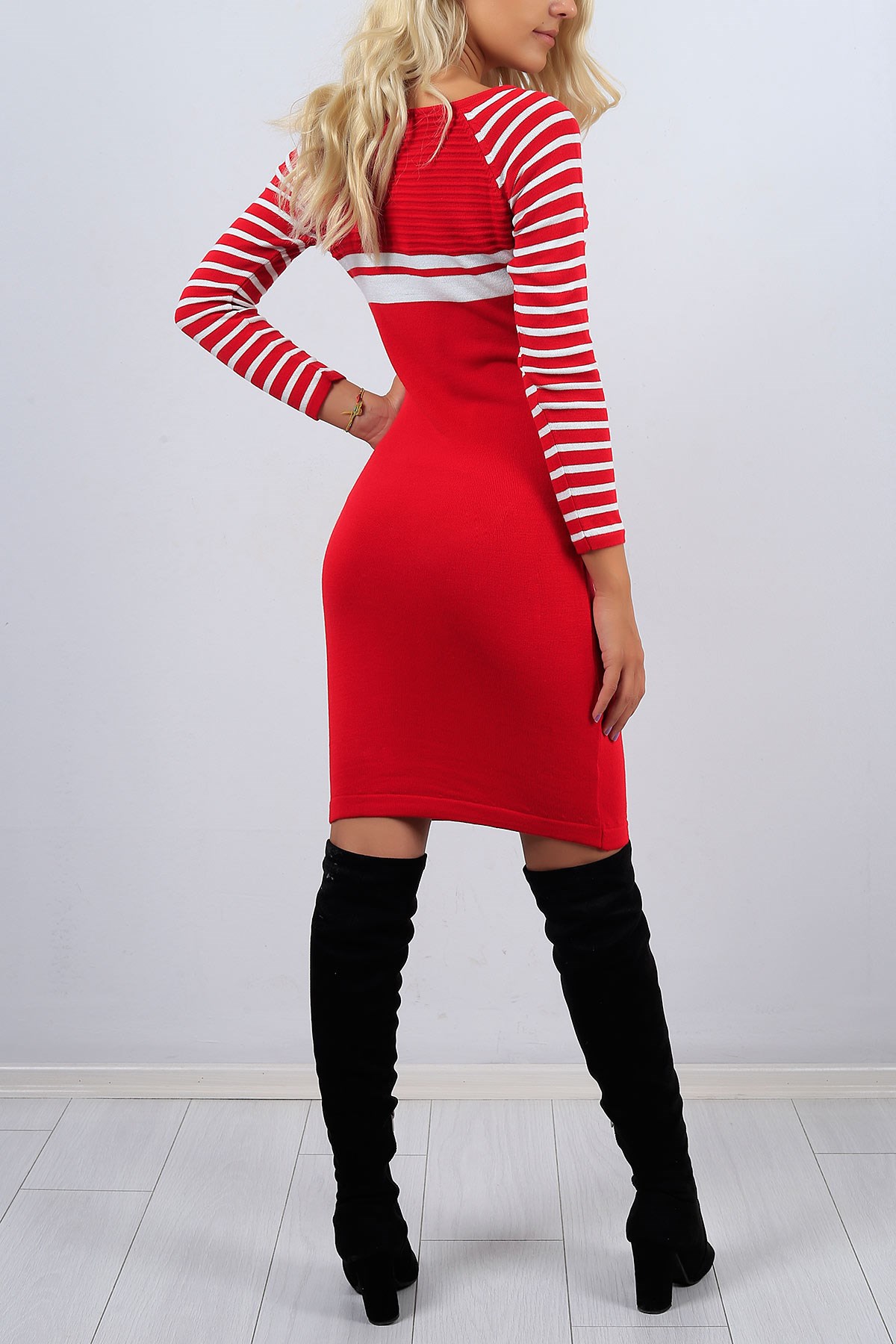 Çizgi Desen Kırmızı Triko Elbise 3136B