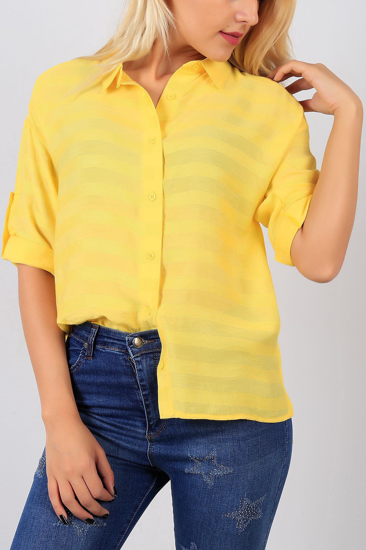 Çizgi Detaylı Sarı Salaş Bayan Gömlek 8502B