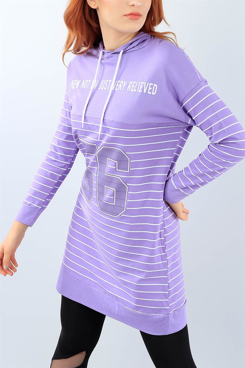Çizgi Tasarımlı Lila Kapüşonlu Tunik 38730