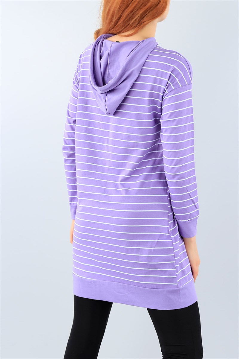 Çizgi Tasarımlı Lila Kapüşonlu Tunik 38730
