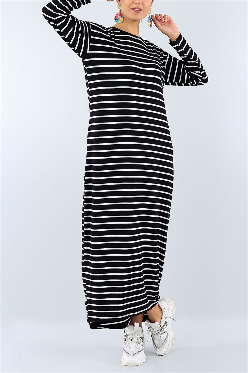 Çizgi Tasarımlı Siyah Likralı Elbise 38806