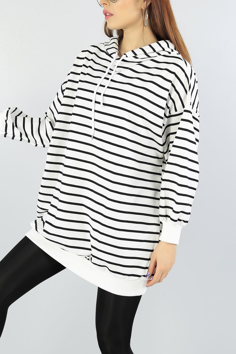 Çizgili Kapüşonlu Bayan Sweat Tunik 55559