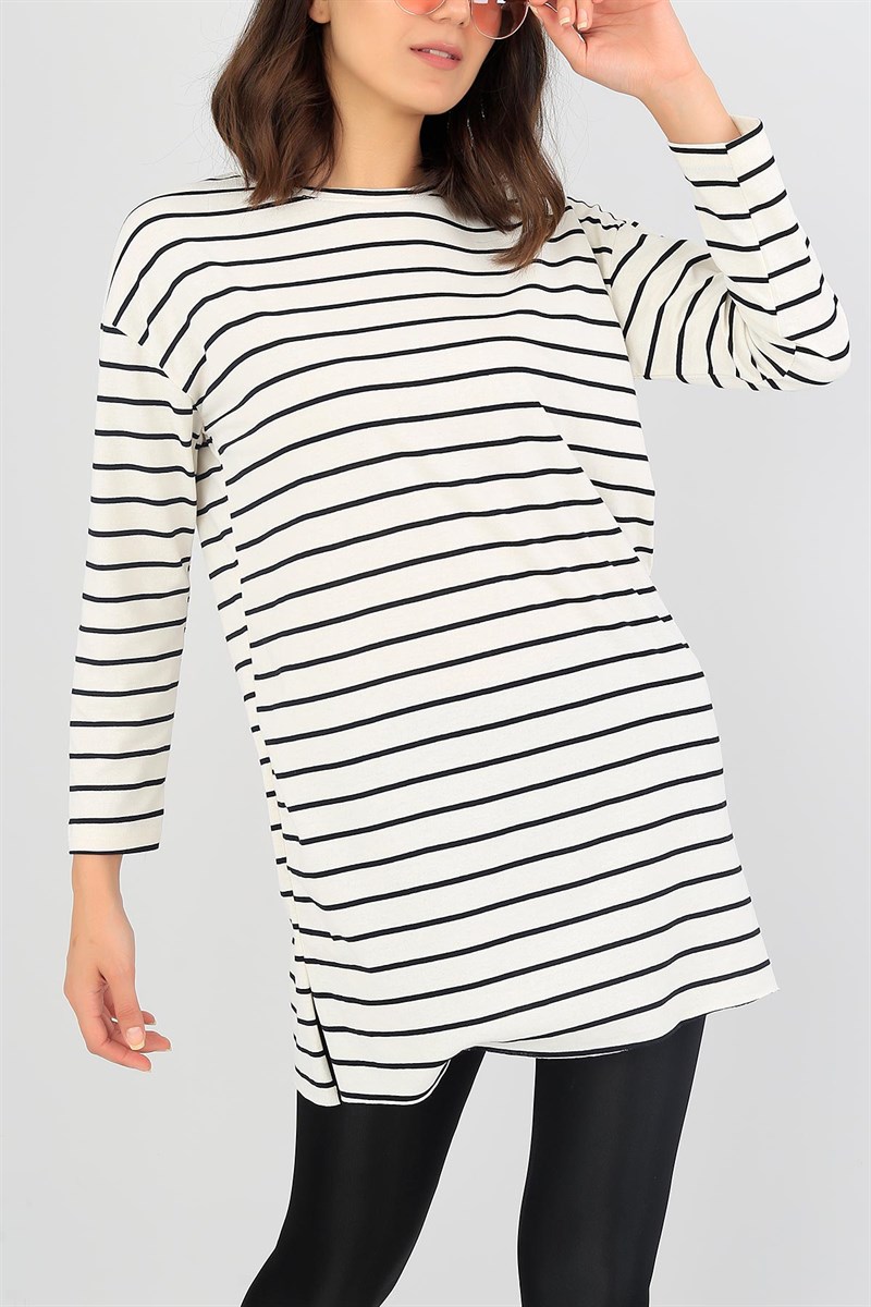 Çizgili Likralı Krem Tunik 38241