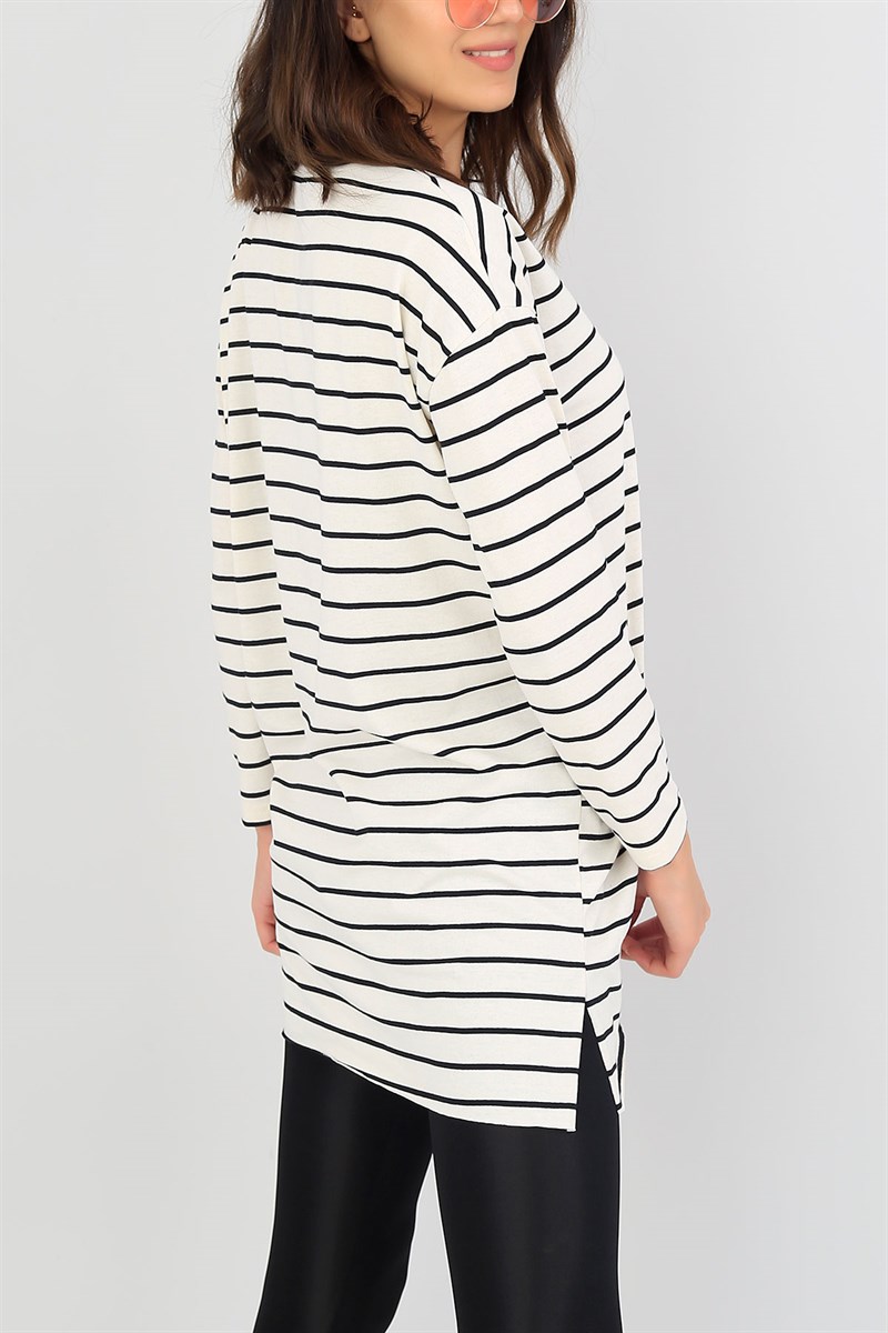 Çizgili Likralı Krem Tunik 38241