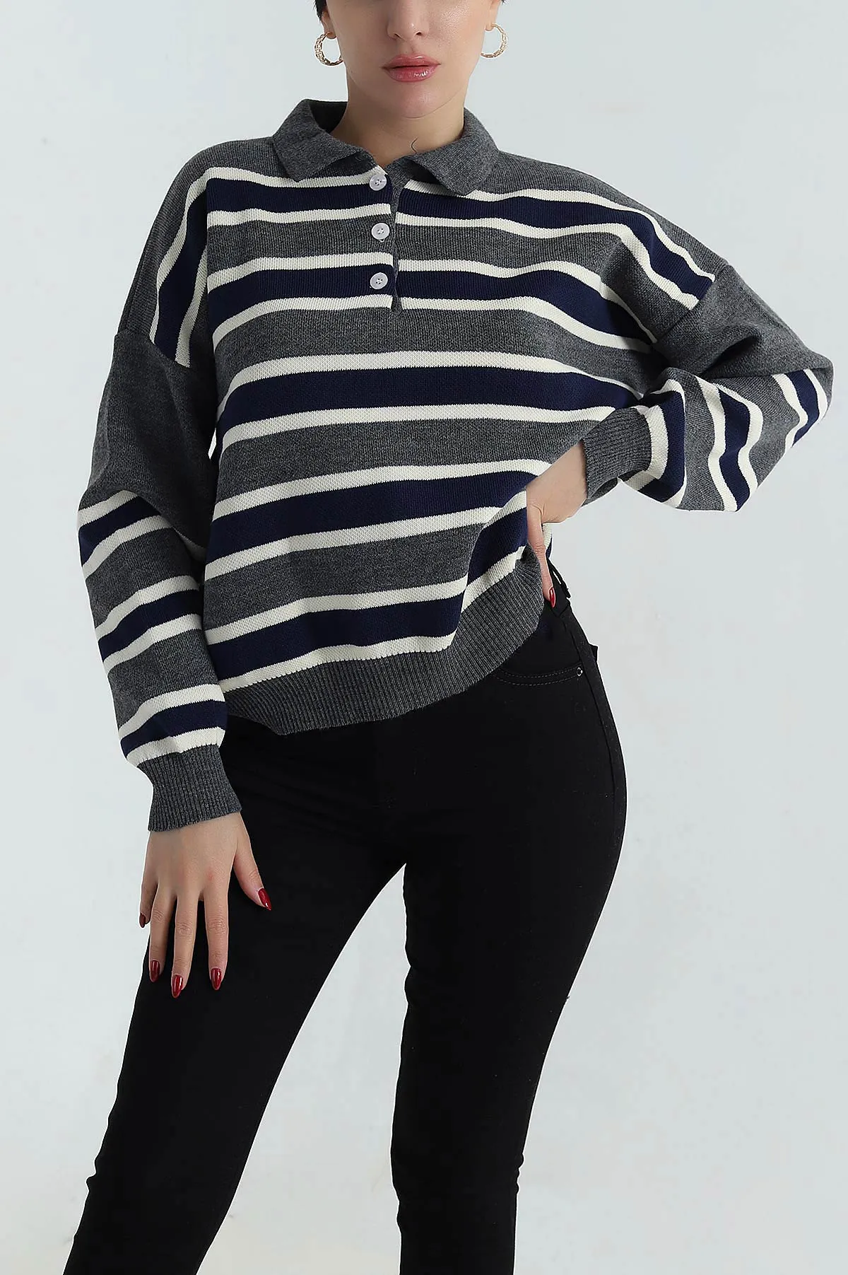 Çizgili Polo Yaka Kadın Triko Kazak 413621