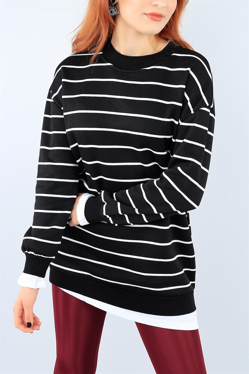 Çizgili Şardonlu Siyah Bayan Sweat 38426